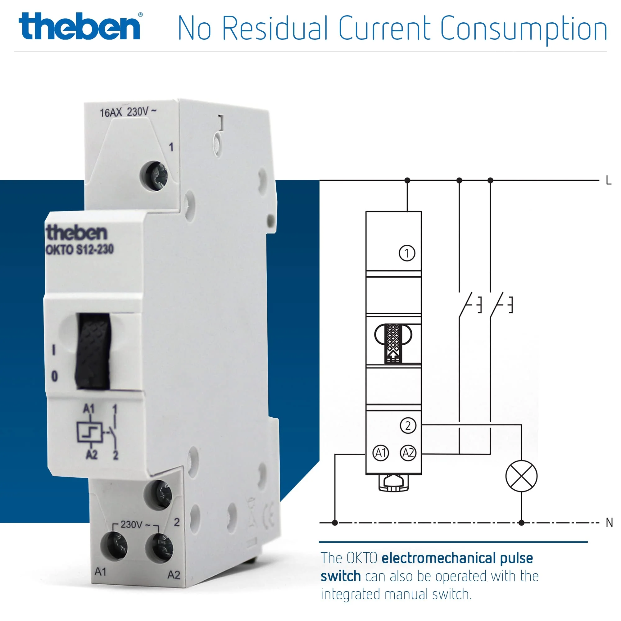 Theben 3120120 Okto S12-230 Impulse Switch, Impulse Relay, 230 V, Electromechanical, DIN Rail, DIN Rail, 1 N/O Contact, LED up to 200 W, Light Control (Pack of 1) Pack of 1 - Image 4