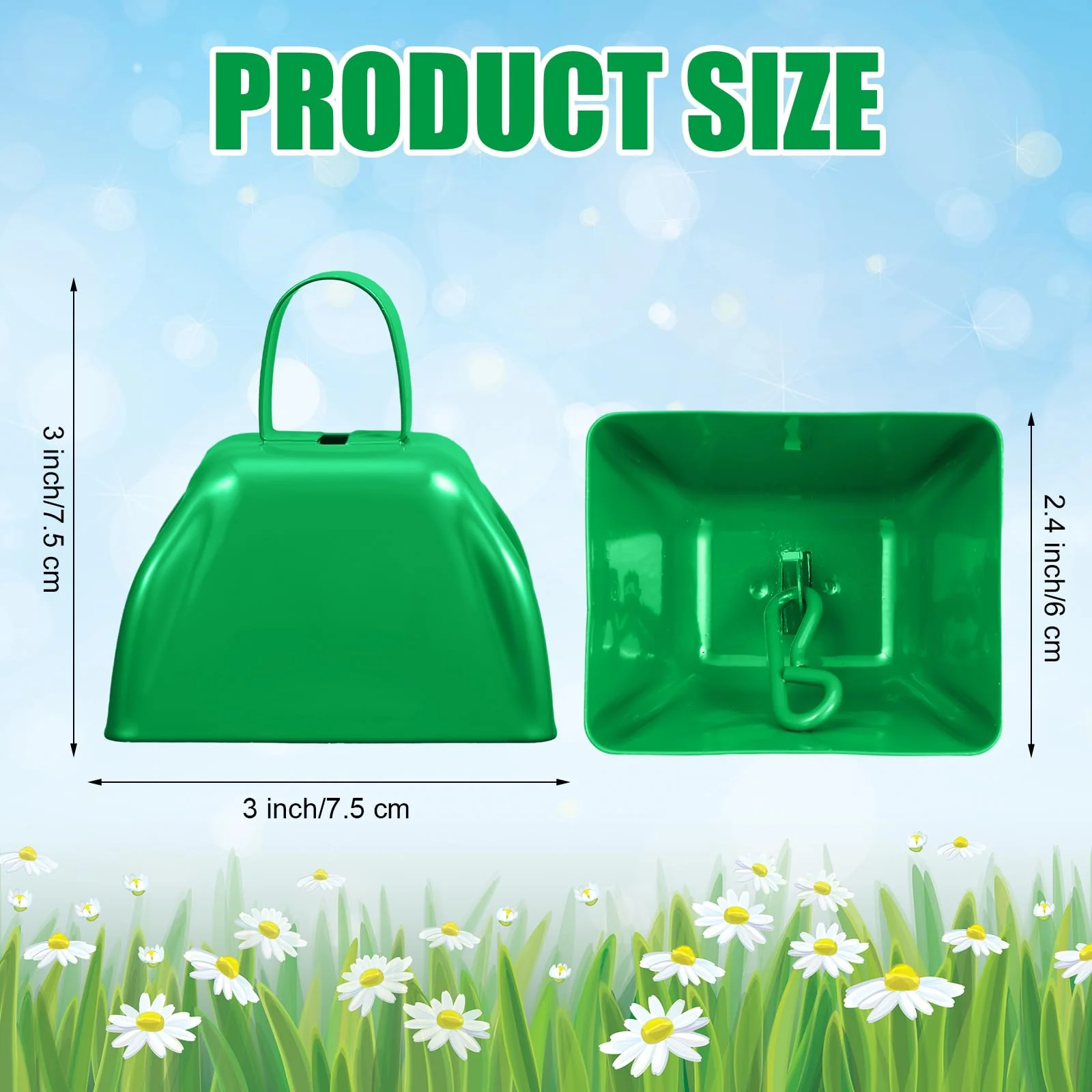 Therwen 12 Pack Metal Cow Bells Noise Makers with Handle 3 Inch Hand Percussion Cowbells Bulk Loud Call Bell for Sporting Events Cheering Football Games Team Spirit Weddings Party Noisemakers (Green) Green - Image 2