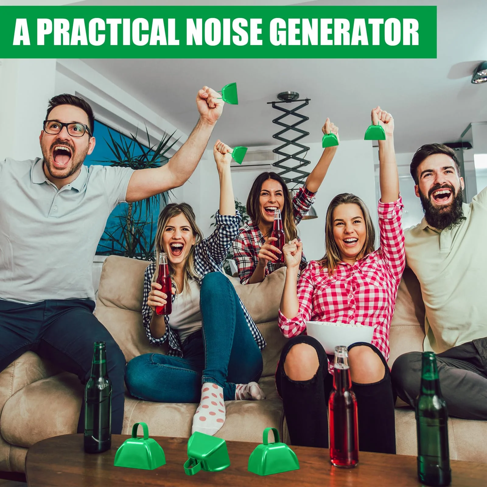 Therwen 12 Pack Metal Cow Bells Noise Makers with Handle 3 Inch Hand Percussion Cowbells Bulk Loud Call Bell for Sporting Events Cheering Football Games Team Spirit Weddings Party Noisemakers (Green) Green - Image 7