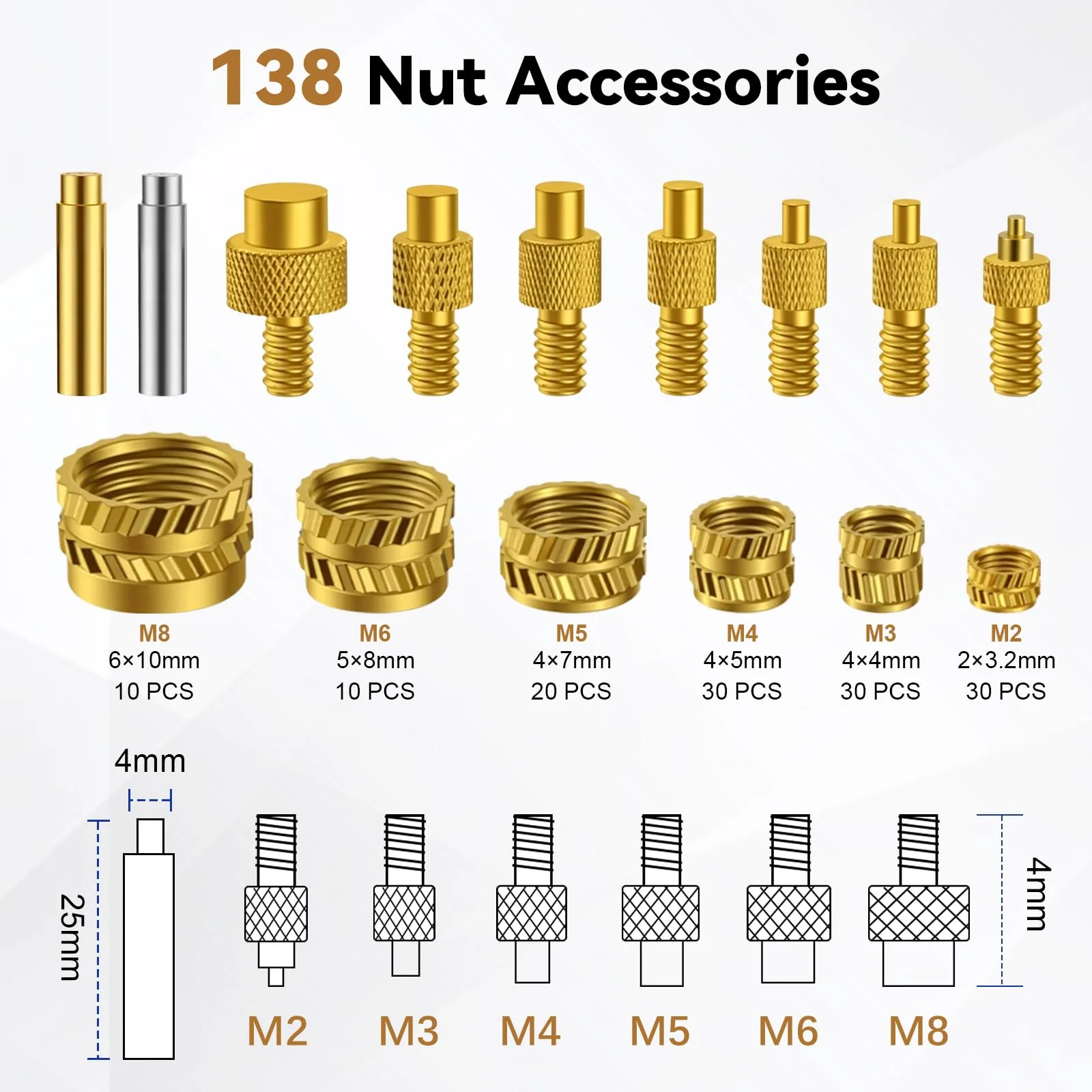 Threaded Inserts, Soldering Tips Set, Soldering Tips, Threaded Insert, Melting Nuts Set with LED Display, 7-Piece Soldering Tips for Thread Insert and 130-Piece Thread Inserts, M2-M8, Compatible with - Image 7