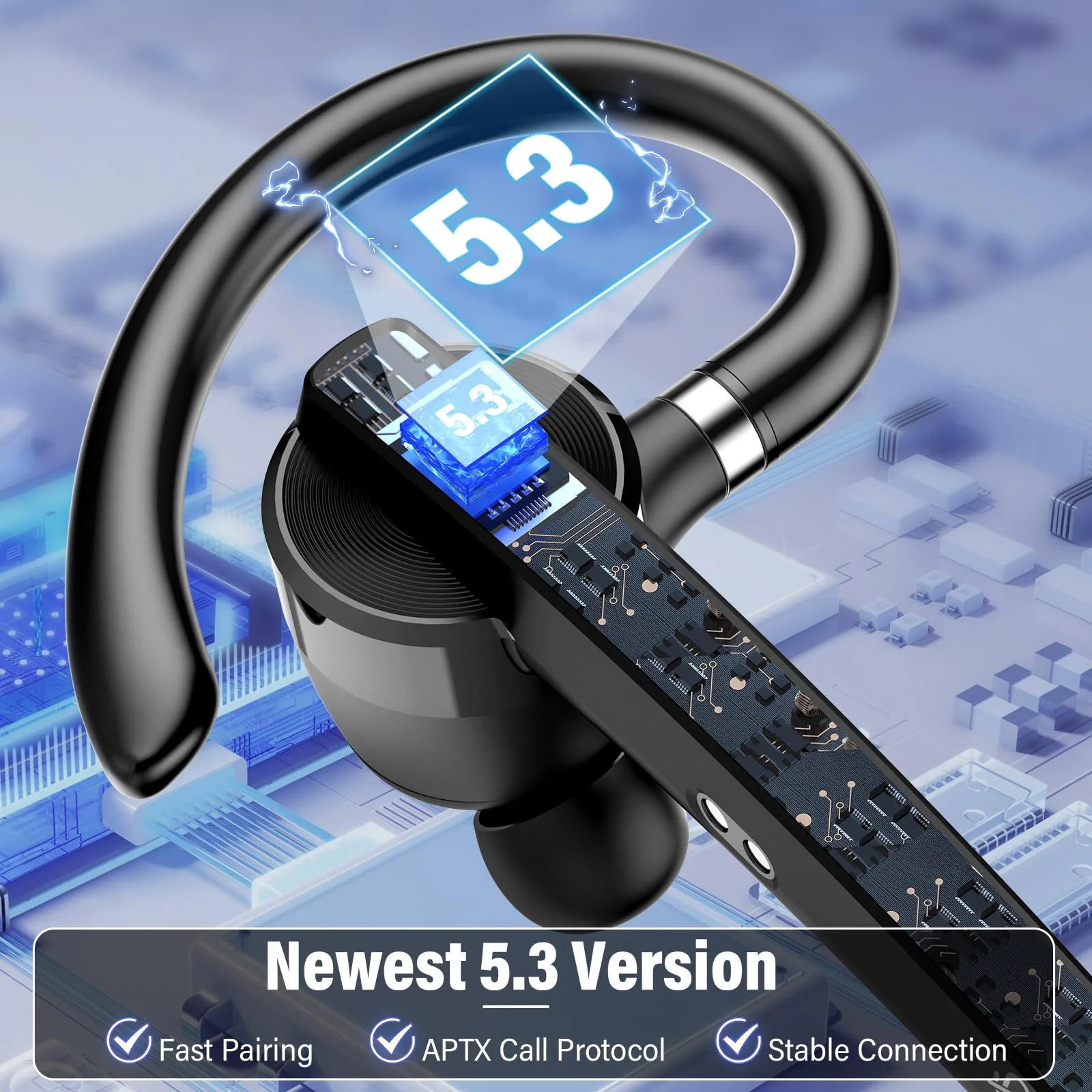 Thunelec Bluetooth Headset, Wireless Bluetooth 5.3 Earpiece, 90Hrs Hands Free Headset with APTX HD Audio & Mute Button, Dual Noise Cancelling Mics, Single-Ear Headphone for Trucker/Business/Office/Gym - Image 2