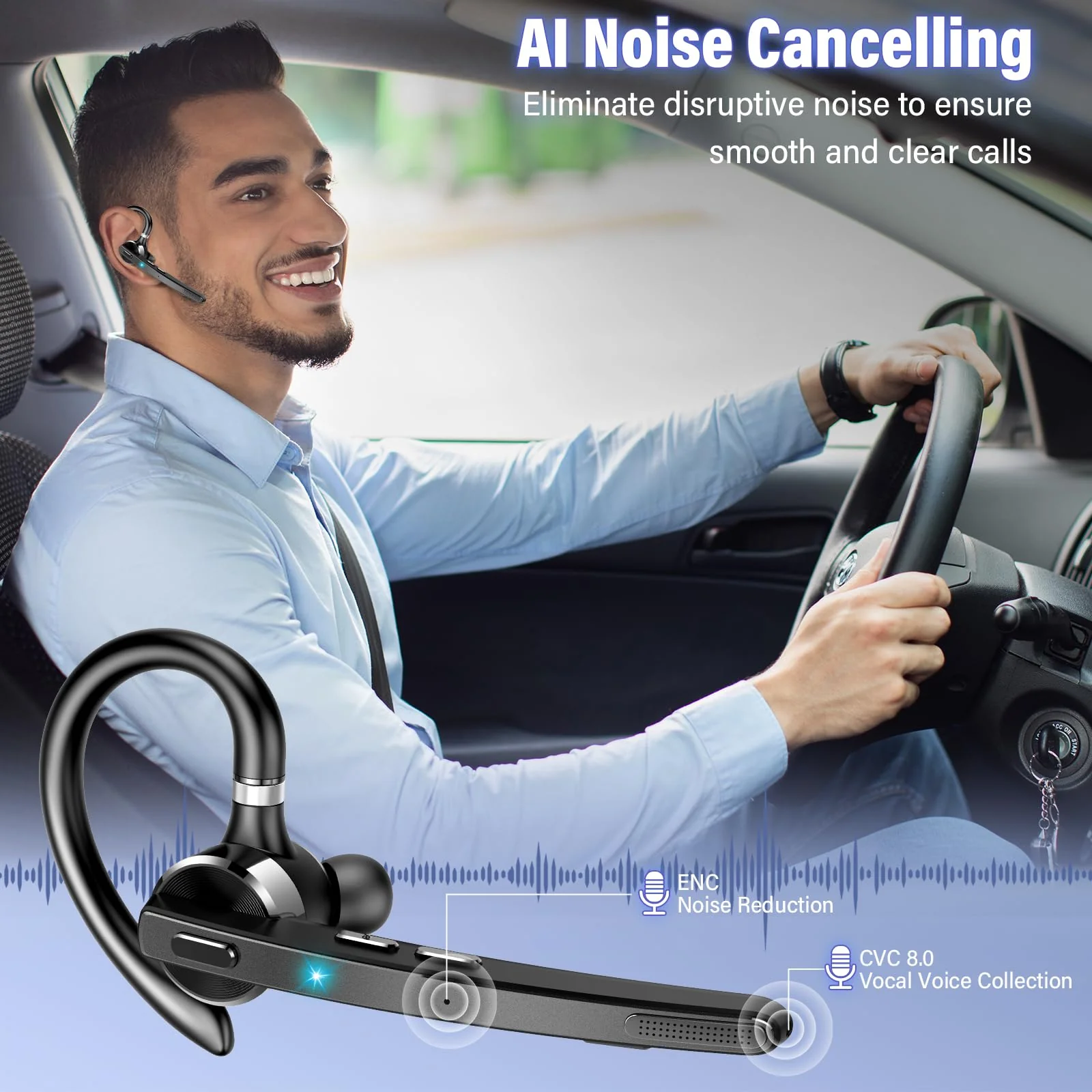 Thunelec Bluetooth Headset, Wireless Bluetooth 5.3 Earpiece, 90Hrs Hands Free Headset with APTX HD Audio & Mute Button, Dual Noise Cancelling Mics, Single-Ear Headphone for Trucker/Business/Office/Gym - Image 3