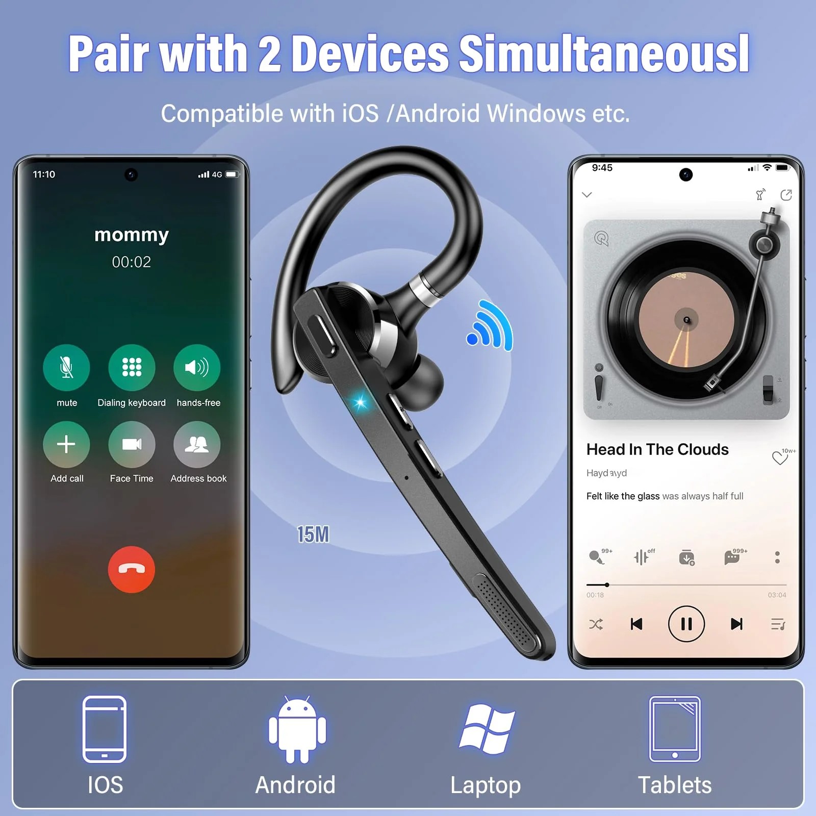 Thunelec Bluetooth Headset, Wireless Bluetooth 5.3 Earpiece, 90Hrs Hands Free Headset with APTX HD Audio & Mute Button, Dual Noise Cancelling Mics, Single-Ear Headphone for Trucker/Business/Office/Gym - Image 5