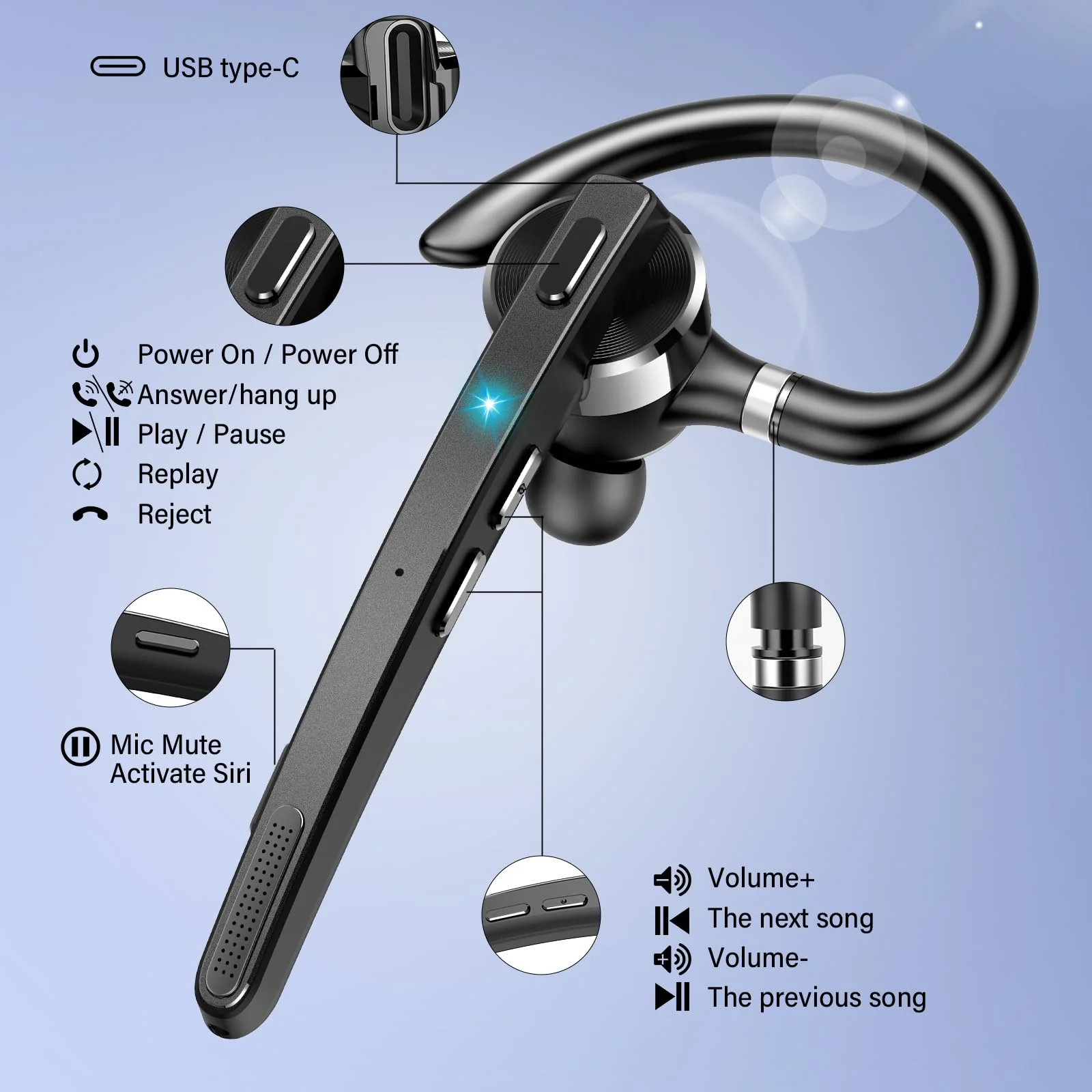 Thunelec Bluetooth Headset, Wireless Bluetooth 5.3 Earpiece, 90Hrs Hands Free Headset with APTX HD Audio & Mute Button, Dual Noise Cancelling Mics, Single-Ear Headphone for Trucker/Business/Office/Gym - Image 8