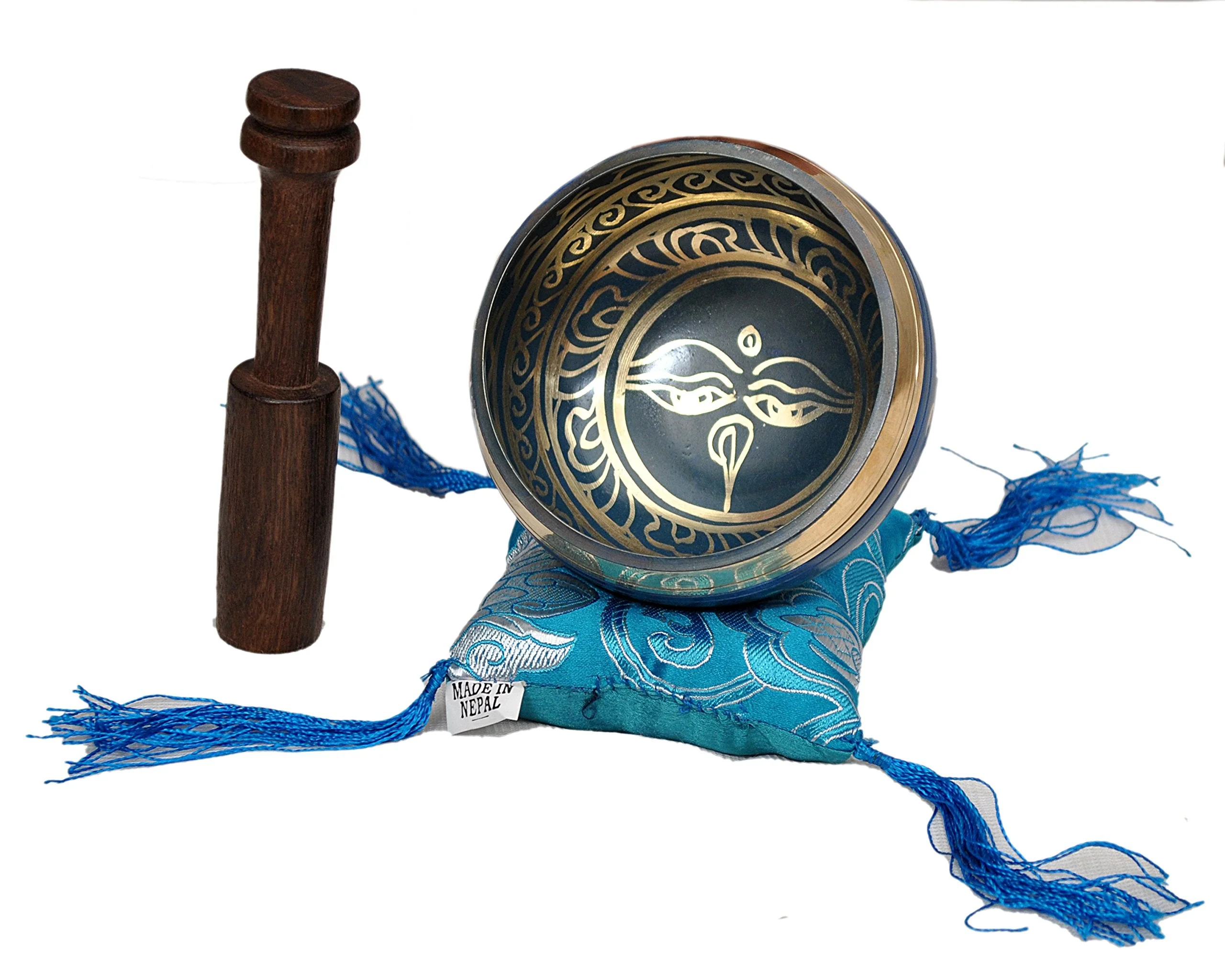 Tibetan Singing Bowl Set By Dharma Store - With Traditional Design Tibetan Buddhist Prayer Flag - Handmade in Nepal (Blue) Blue - Image 2