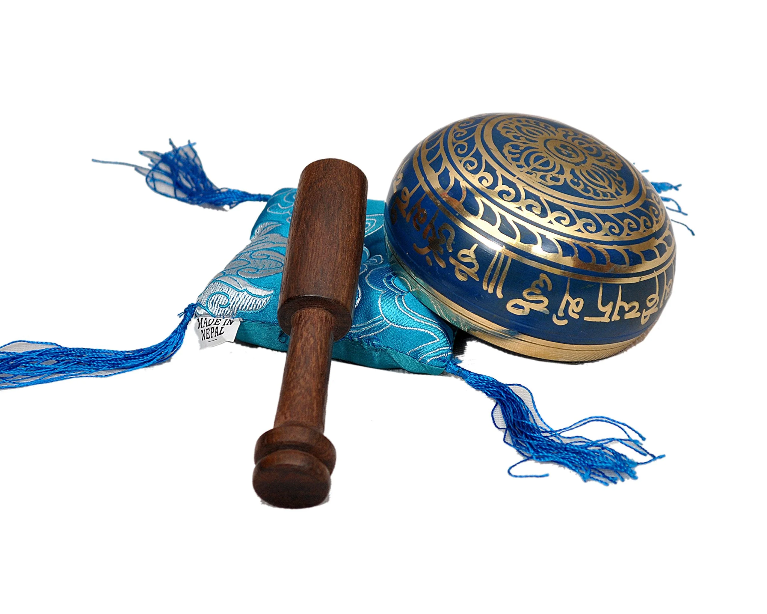 Tibetan Singing Bowl Set By Dharma Store - With Traditional Design Tibetan Buddhist Prayer Flag - Handmade in Nepal (Blue) Blue - Image 4