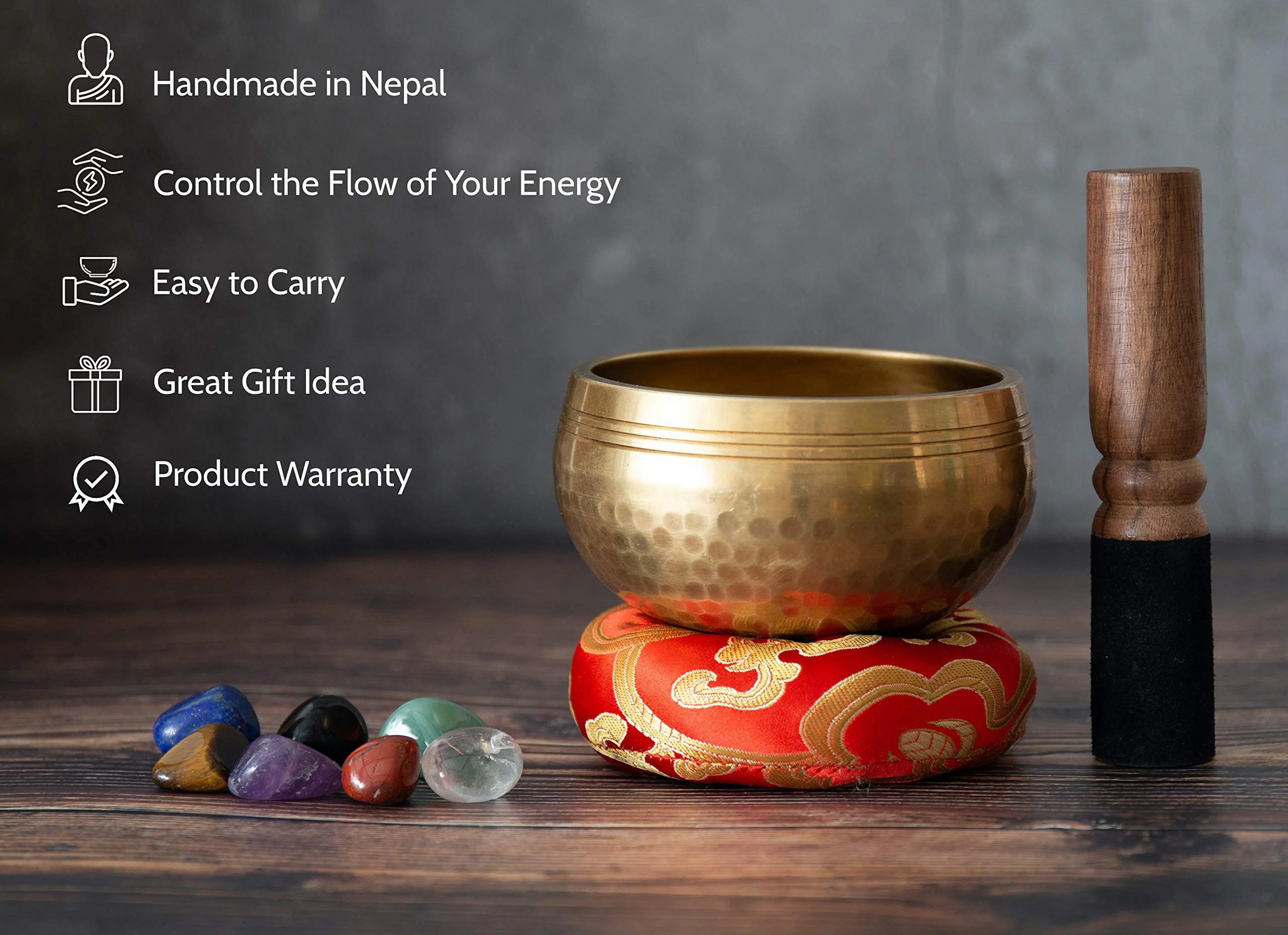 Tibetan Singing Bowl Set - Easy To Play for Beginners - Authentic Handcrafted Mindfulness Meditation Holistic Sound Bowl 7 Chakra Healing Gift by Himalayan Bazaar (4 Inch with Chakra Stones) Bowl with Stones - 4 Inch - Image 5