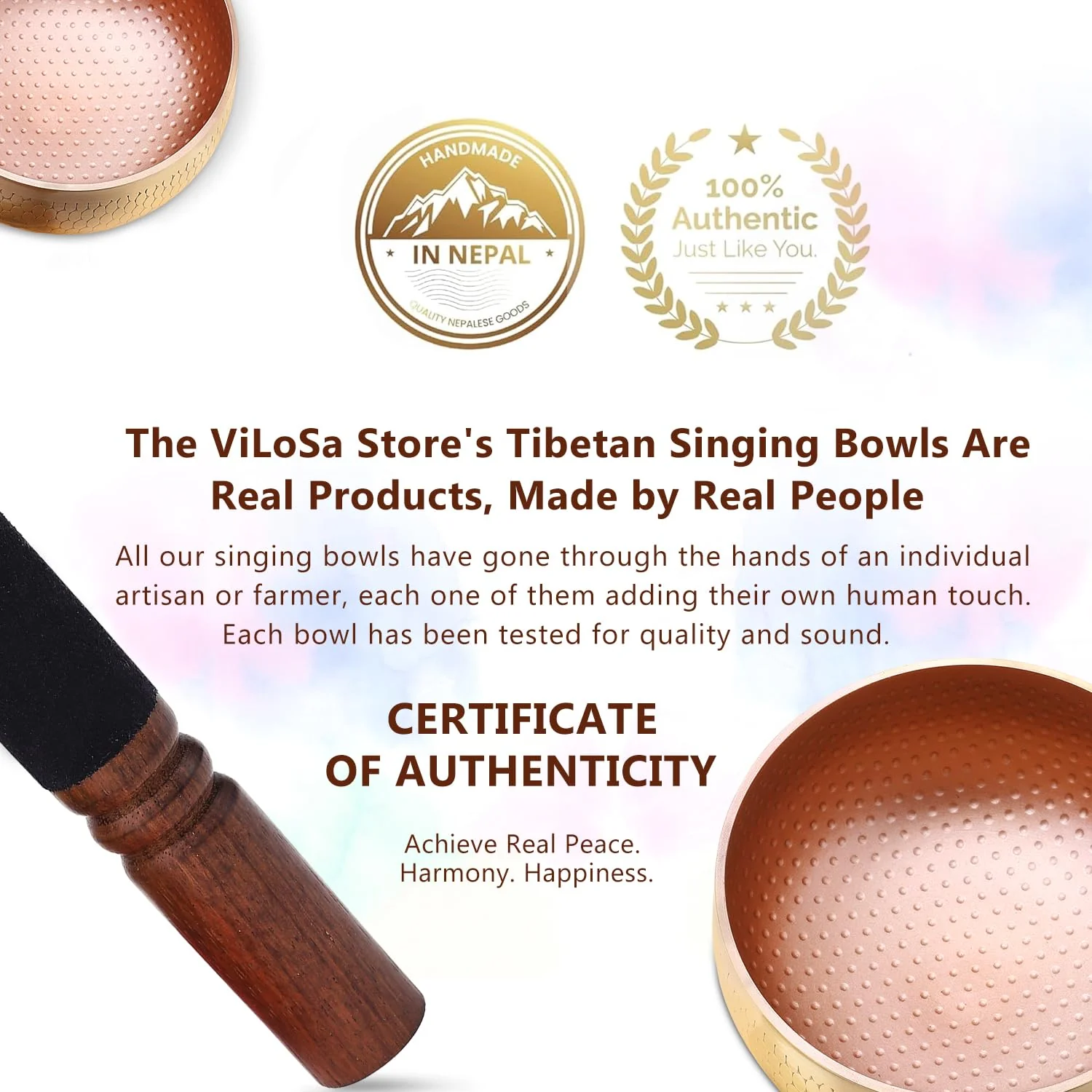 Tibetan Singing Bowl Set — Meditation Sound Bowl Handcrafted in Nepal, Long Lasting Sound for Deep Calming Relaxation, Meditation, and Sound Bowl Healing | Includes Mallet & Cushion(5") (4") 4" - Image 3