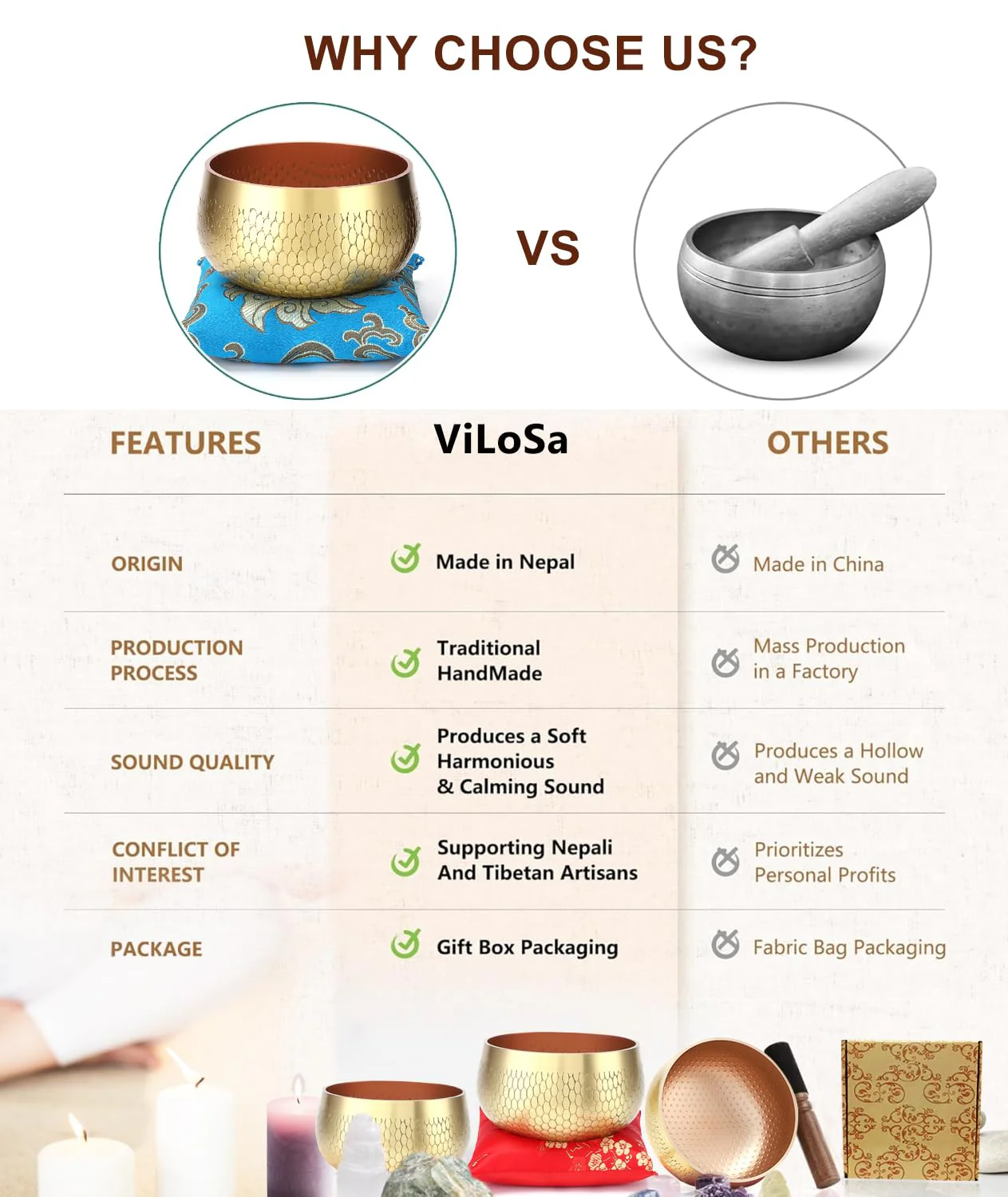 Tibetan Singing Bowl Set — Meditation Sound Bowl Handcrafted in Nepal, Long Lasting Sound for Deep Calming Relaxation, Meditation, and Sound Bowl Healing | Includes Mallet & Cushion(5") (4") 4" - Image 6