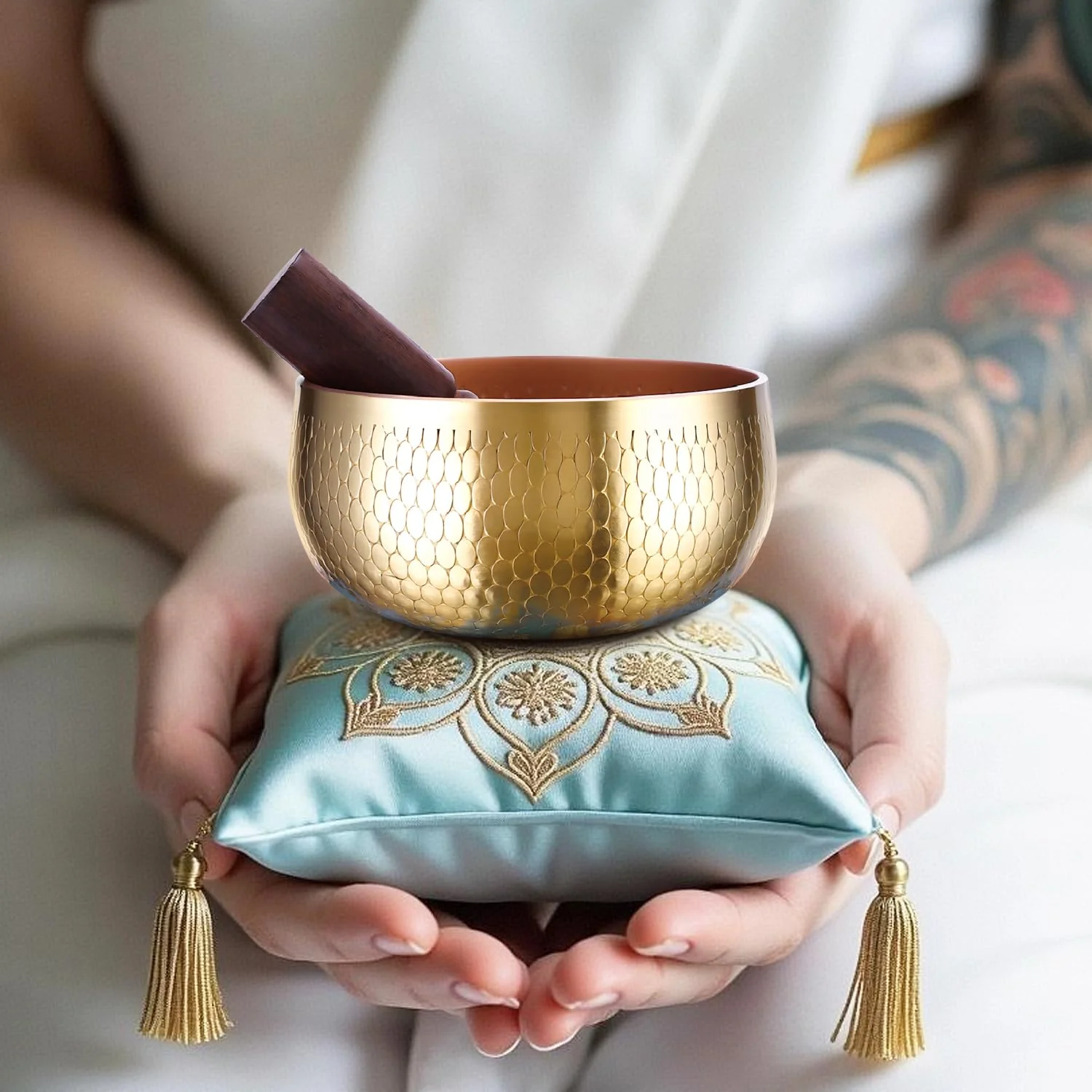Tibetan Singing Bowl Set — Meditation Sound Bowl Handcrafted in Nepal, Long Lasting Sound for Deep Calming Relaxation, Meditation, and Sound Bowl Healing | Includes Mallet & Cushion(5") (4") 4" - Image 7