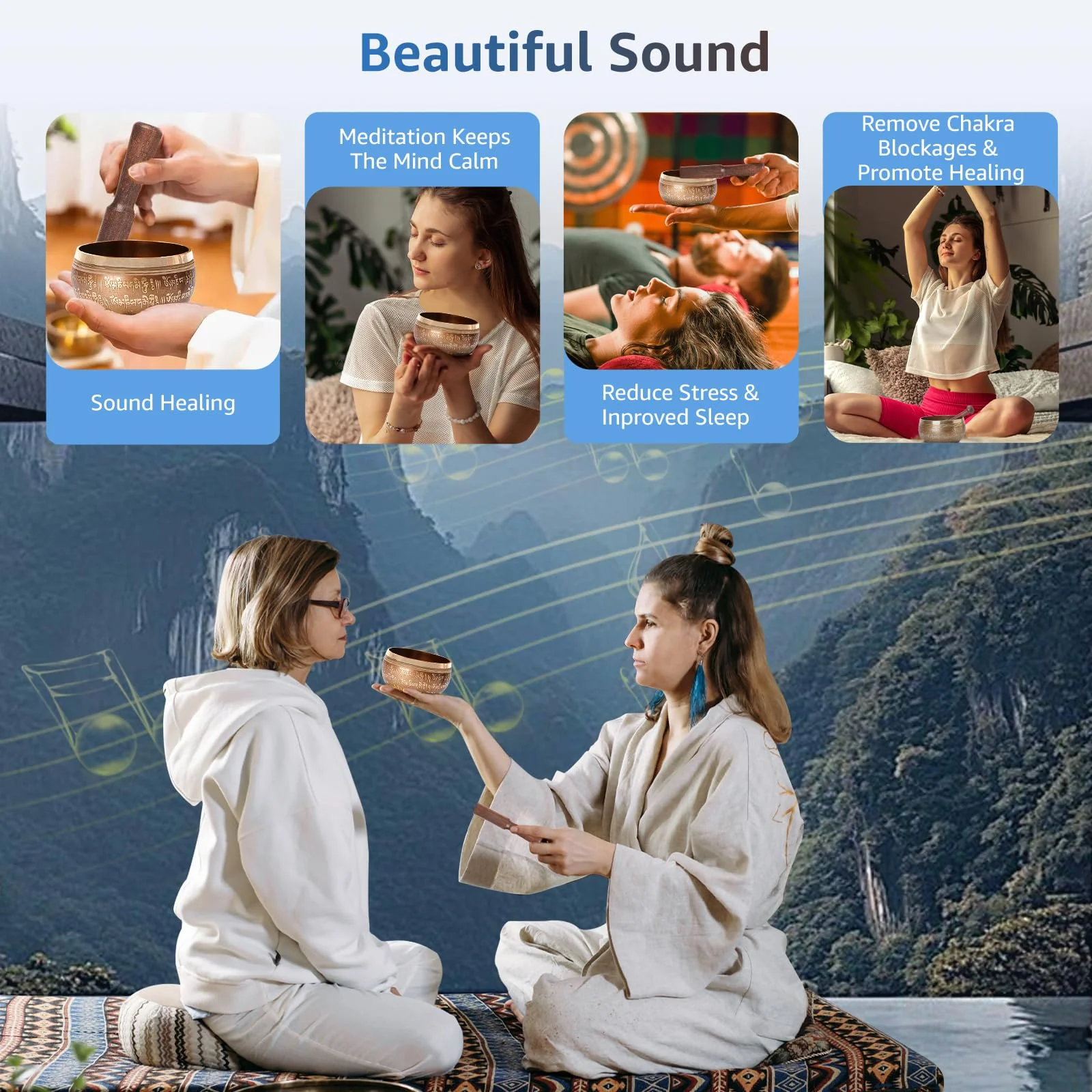 Tibetan Singing Bowls Set, SHANSHUI Meditation Sound Bowl hand Hammered in Nepal For Yoga, Mindfulness, Healing & Chakra Balancing 4 in Blue - Image 3