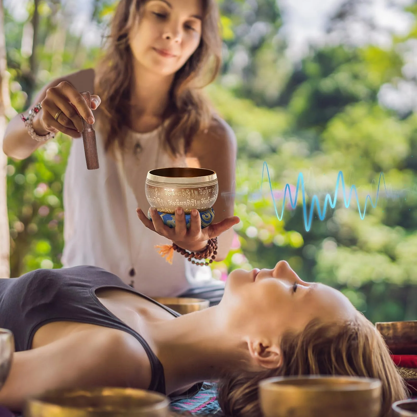 Tibetan Singing Bowls Set, SHANSHUI Meditation Sound Bowl hand Hammered in Nepal For Yoga, Mindfulness, Healing & Chakra Balancing 4 in Blue - Image 6