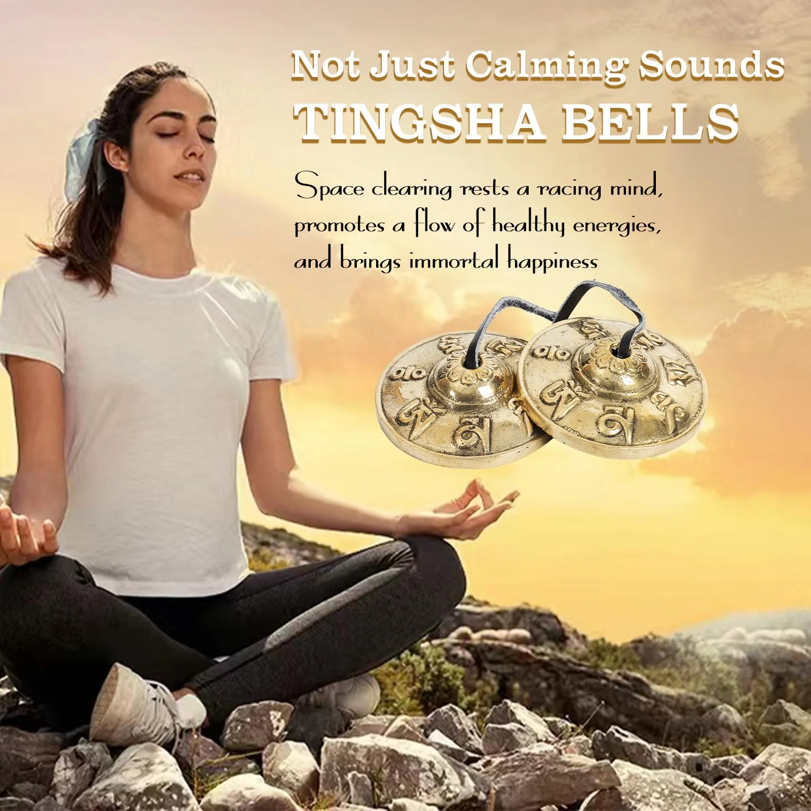 Tibetan Tingsha Cymbals Meditation Bells Spiritual Gifts for Women Meditation Accessory for Spiritual Healing Mindfulness Sound Healing—Om Mane Padme Hum Symbols Embossed (Black) Black - Image 5