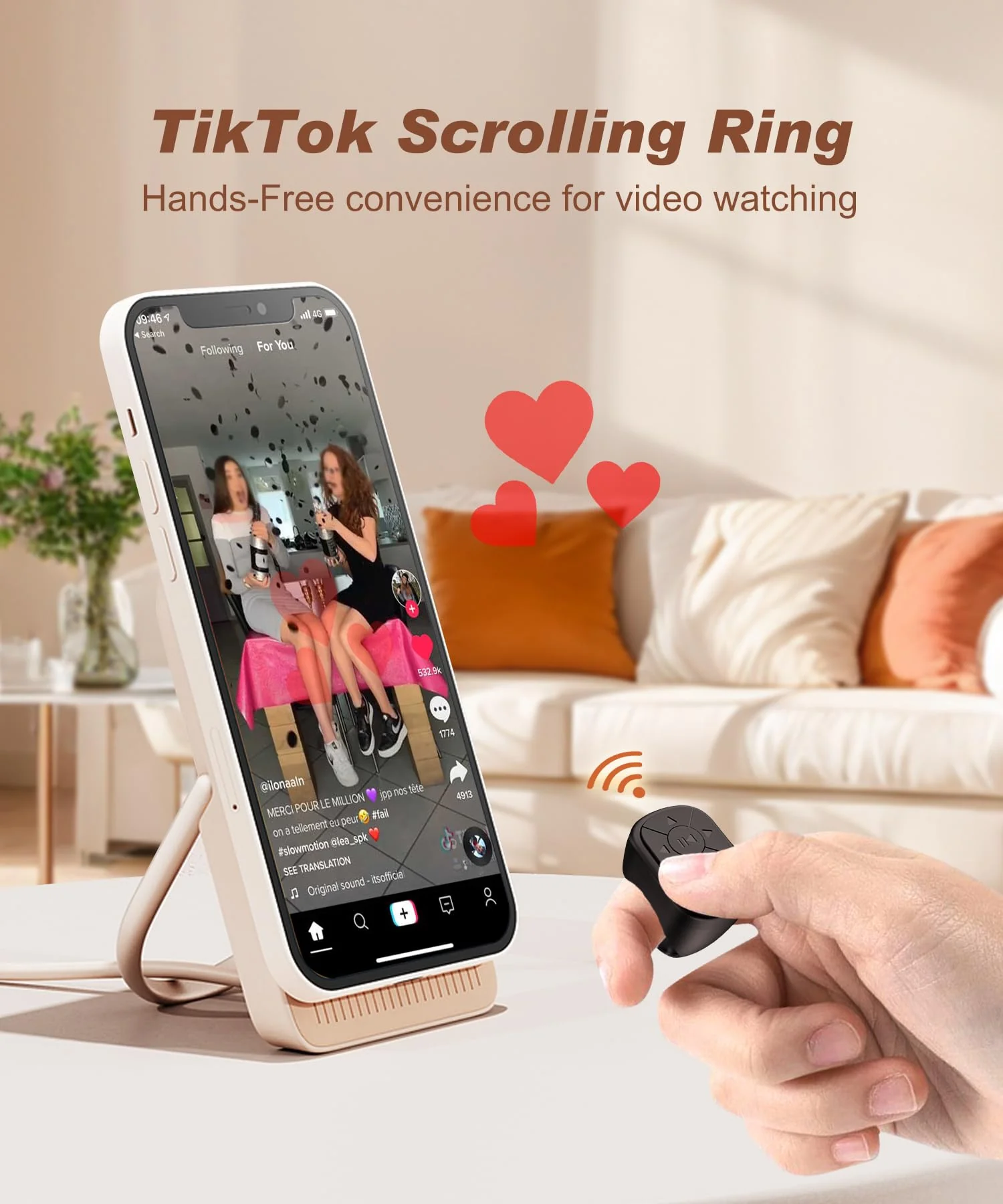 TikTok Scrolling Ring - Remote Control for TikTok, Bluetooth Page Turner Ring Scroller for iPhone iPad, Camera Shutter Short Video and Music Remote Controller, iOS Android Phone Compatible Black - Image 2