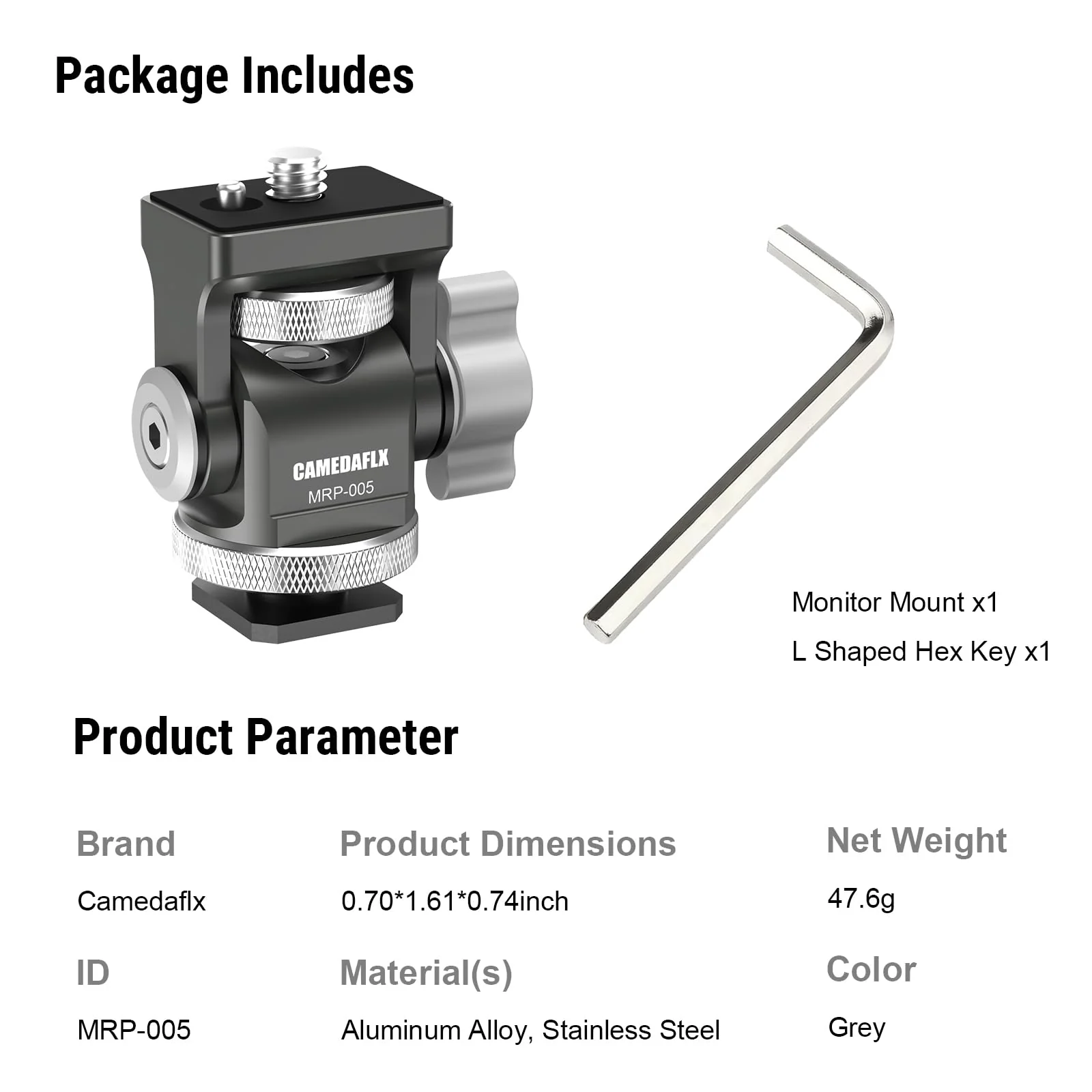 Tilt Adjustable Camera Monitor Mount,Swivel Field Monitor Holder with Cold Shoe Mount 1/4"-20 Screw for 5” and 7”Monitor(Grey). Grey - Image 6