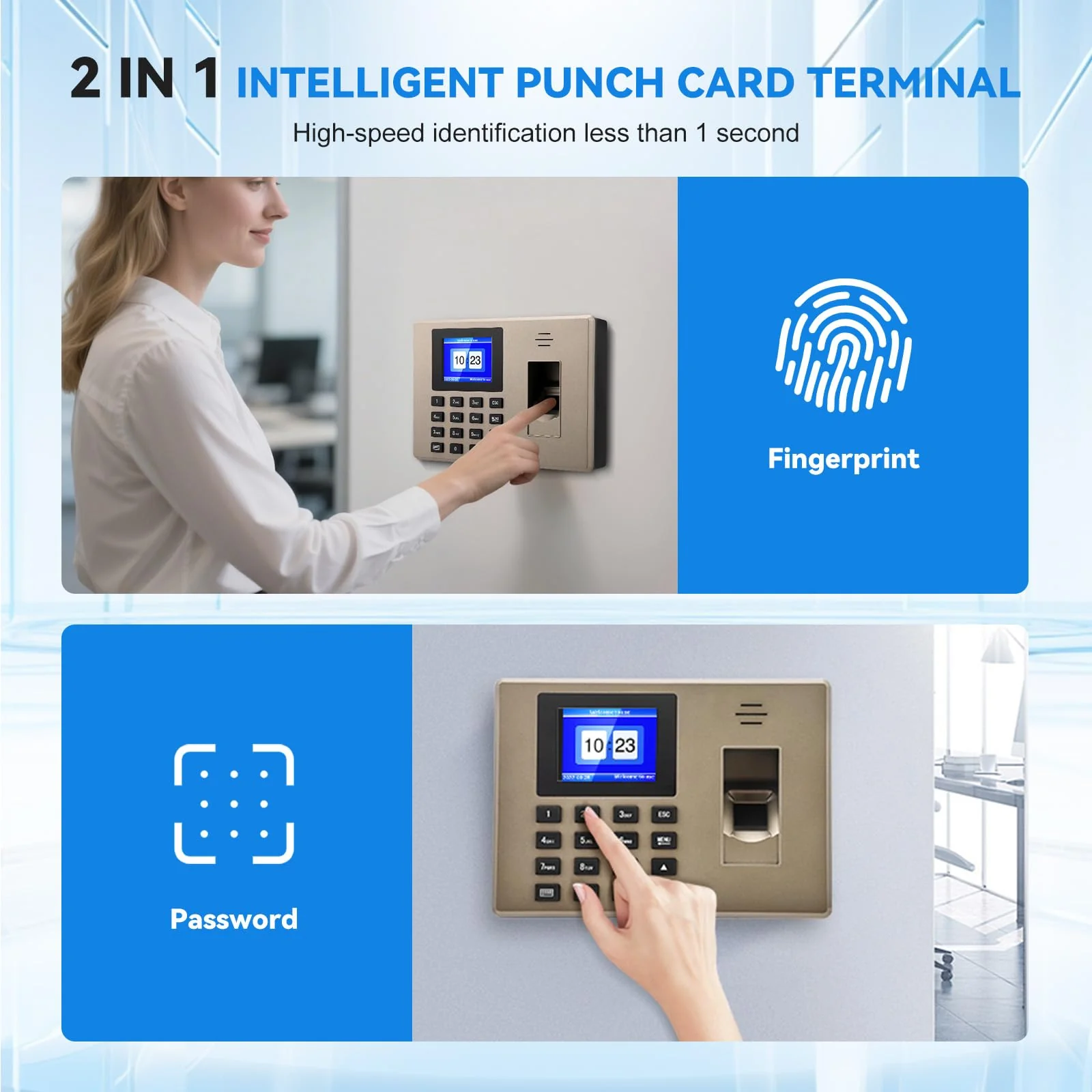 Time Tracking for Small Businesses, Multilingual, with Fingerprint & Pin Input, 1000 Fingerprint & 1000 ID, Employee Time Tracking Device, Working Time Tracking for Small Businesses - Image 2