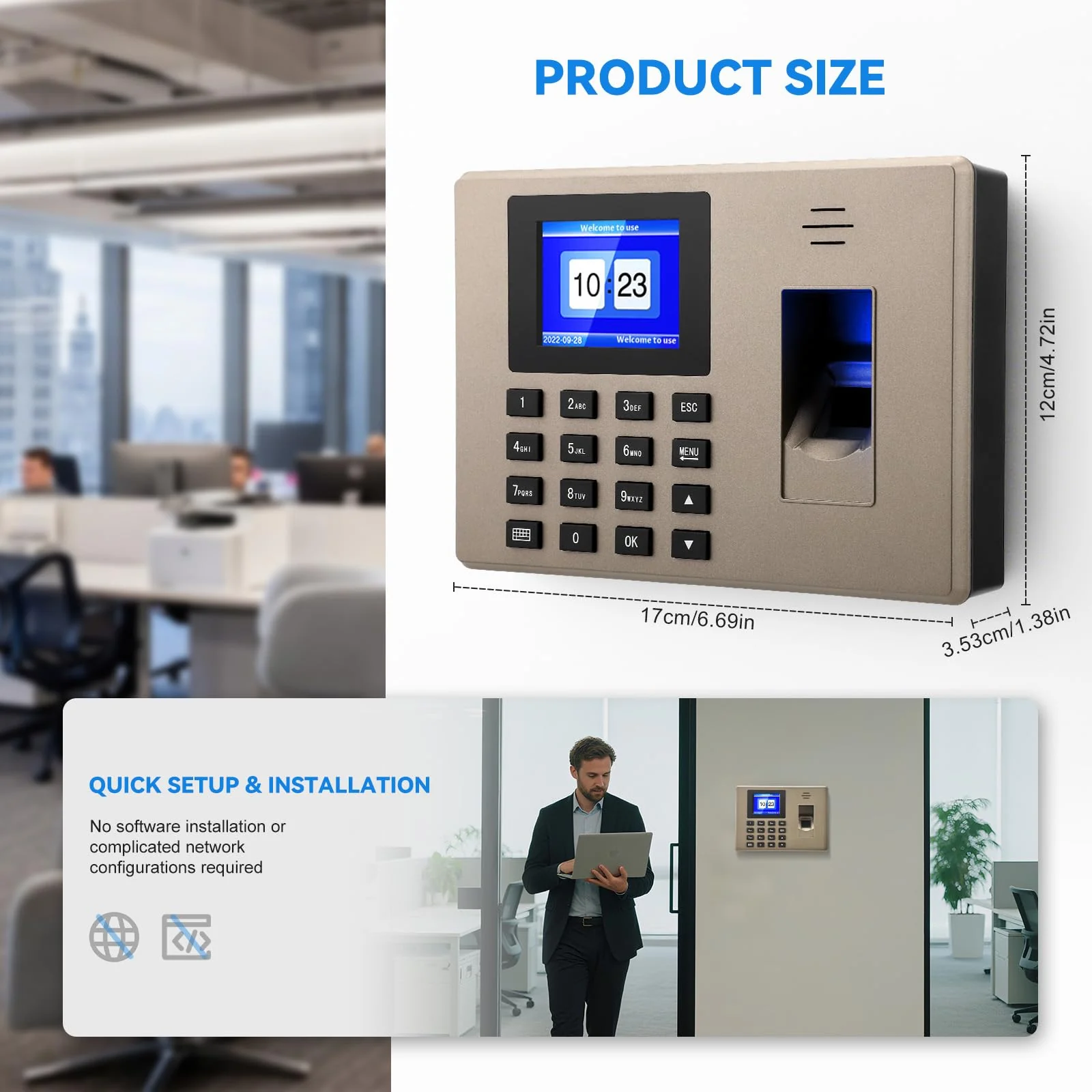 Time Tracking for Small Businesses, Multilingual, with Fingerprint & Pin Input, 1000 Fingerprint & 1000 ID, Employee Time Tracking Device, Working Time Tracking for Small Businesses - Image 3