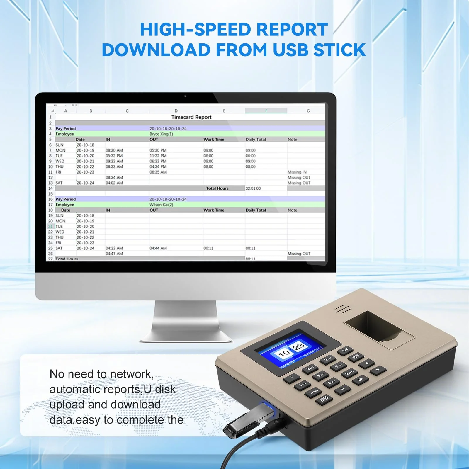 Time Tracking for Small Businesses, Multilingual, with Fingerprint & Pin Input, 1000 Fingerprint & 1000 ID, Employee Time Tracking Device, Working Time Tracking for Small Businesses - Image 5