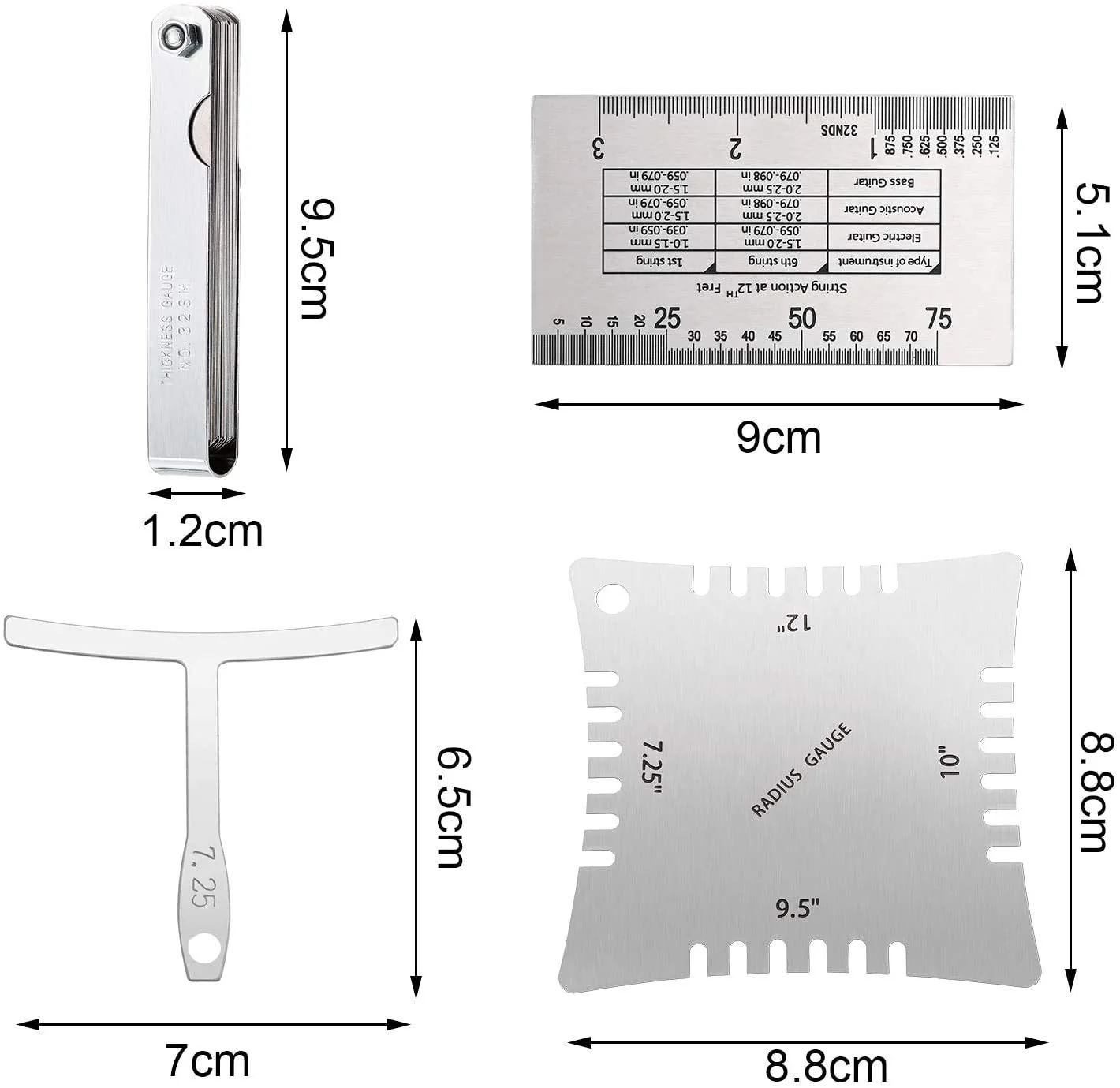 TIMESETL 17 Pcs Guitar Luthier Tools Including 4 Guitar Notched Radius Gauges, 9 Understring Radius Gauge Luthier Tools, 32 Blades Feeler Gauge, String Action Gauge Ruler and 2 Fingerboard Guards - Image 2