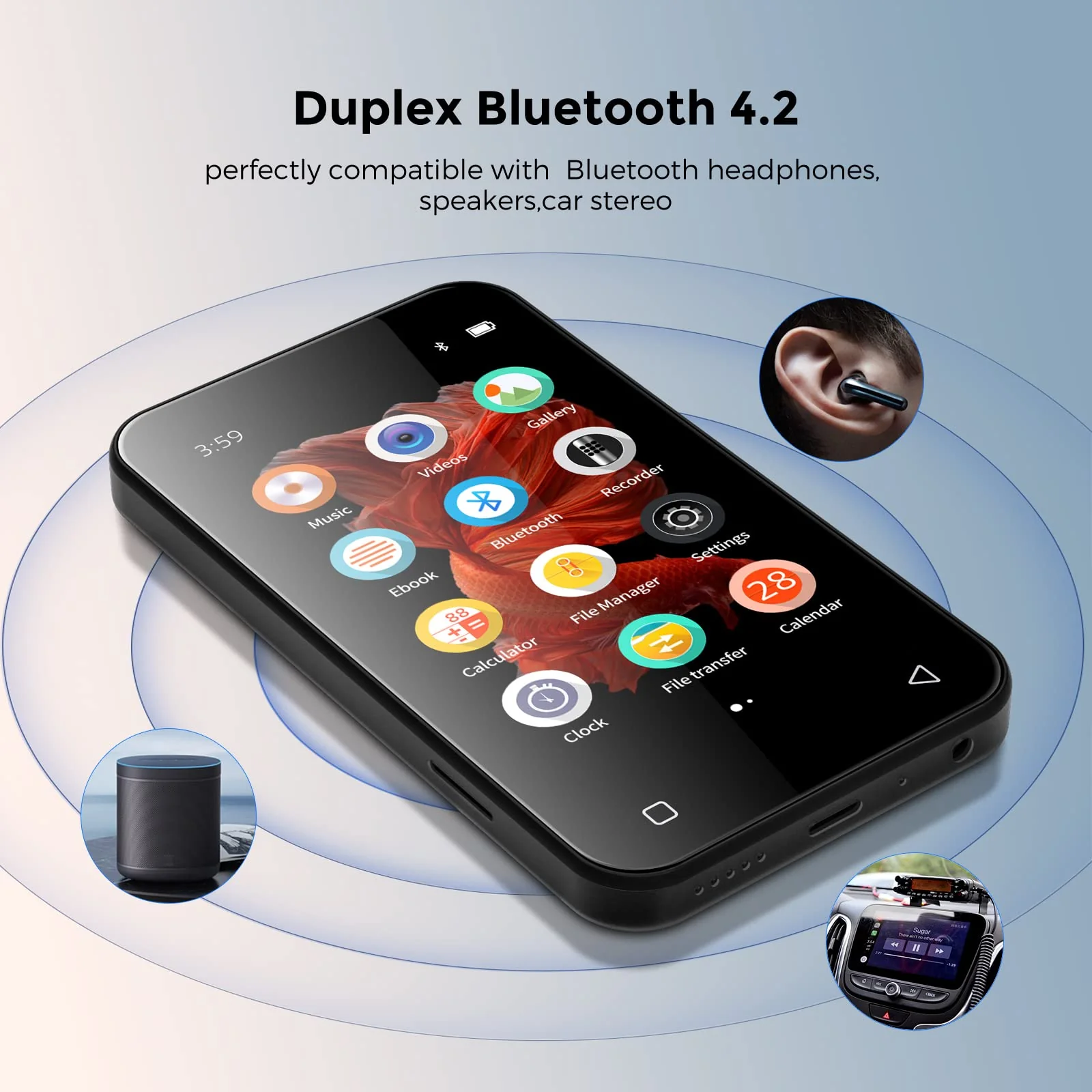 TIMMKOO MP3 Player with Bluetooth, 4.0" Full Touchscreen Mp4 Mp3 Player with Speaker, Portable HiFi Sound Mp3 Music Player with Bluetooth, Voice Recorder, E-Book, Supports up to 512GB TF Card (Black) Black - Image 2