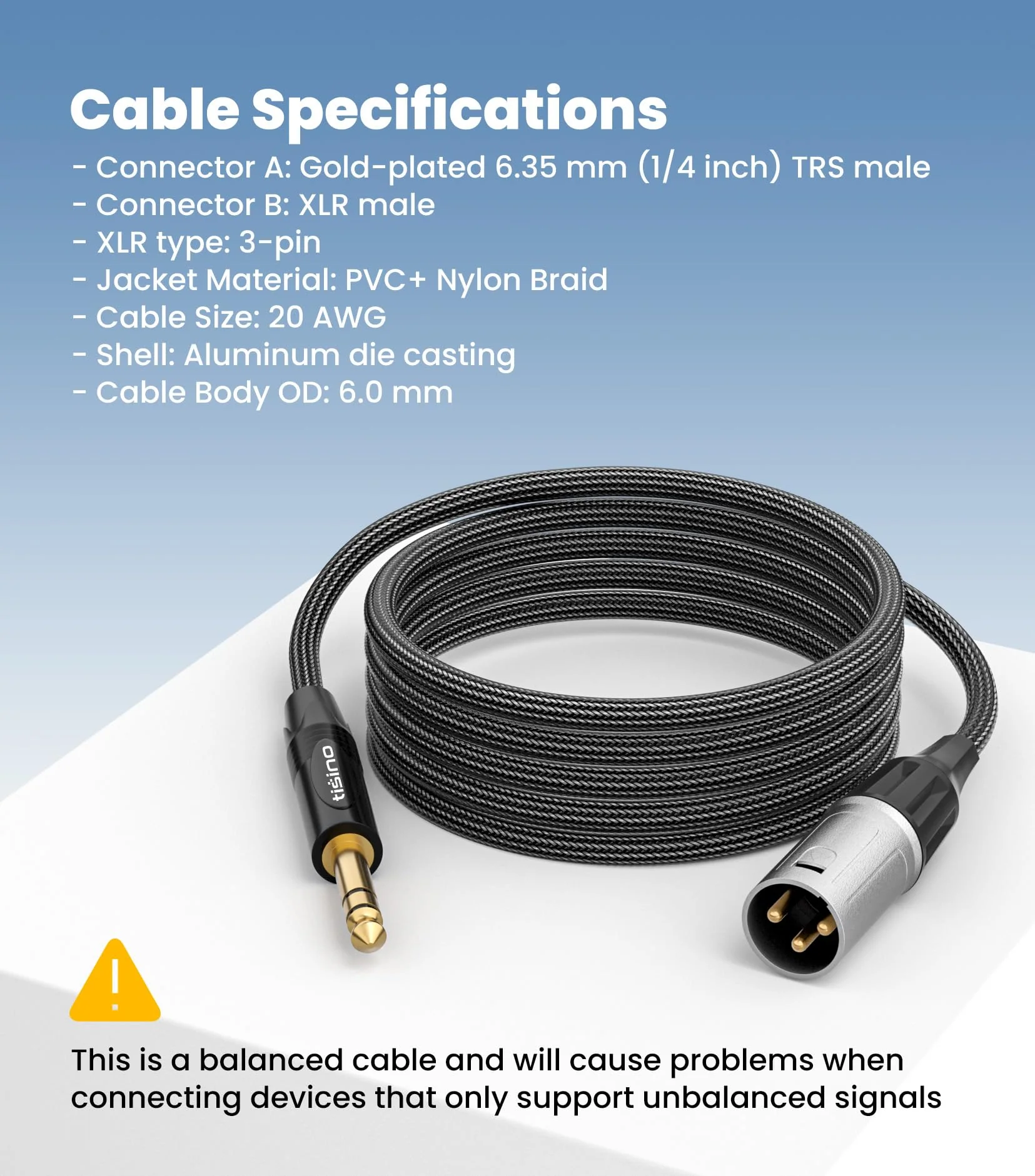 Tisino 1/4" to XLR Cable, 6.35mm TRS to XLR Male Nylon Braid Quarter inch TRS to XLR Male Balanced Interconnect Microphone Cord Patch Cable - 10ft 10 feet - Image 7