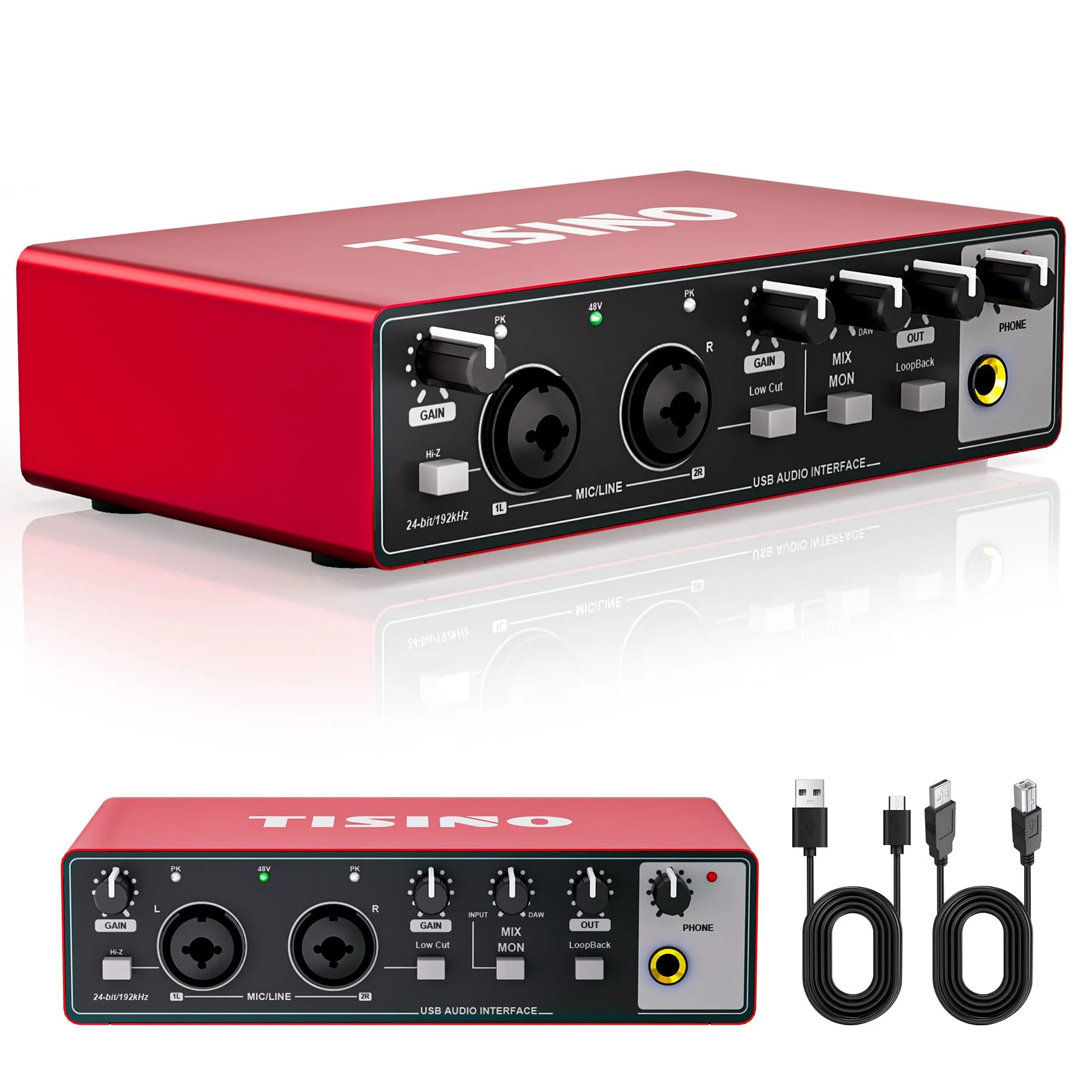 TISINO Audio Interface 2i2-24Bit/192kHz, USB Audio Interface for Recording, Songwriting, Streaming and Podcasting, Plug & Play Studio Interface with 48V Phantom Power, PC/Mac/iOS Compatible,RED Classic Red - Image 2