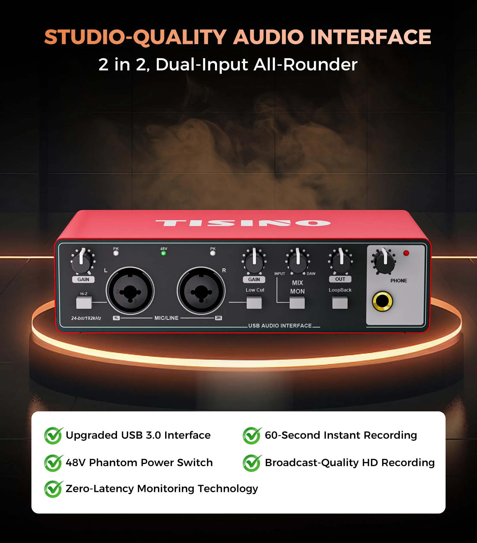 TISINO Audio Interface 2i2-24Bit/192kHz, USB Audio Interface for Recording, Songwriting, Streaming and Podcasting, Plug & Play Studio Interface with 48V Phantom Power, PC/Mac/iOS Compatible,RED Classic Red - Image 3