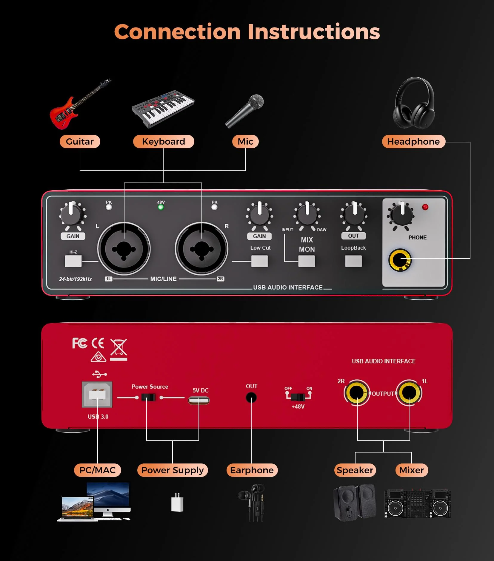 TISINO Audio Interface 2i2-24Bit/192kHz, USB Audio Interface for Recording, Songwriting, Streaming and Podcasting, Plug & Play Studio Interface with 48V Phantom Power, PC/Mac/iOS Compatible,RED Classic Red - Image 7
