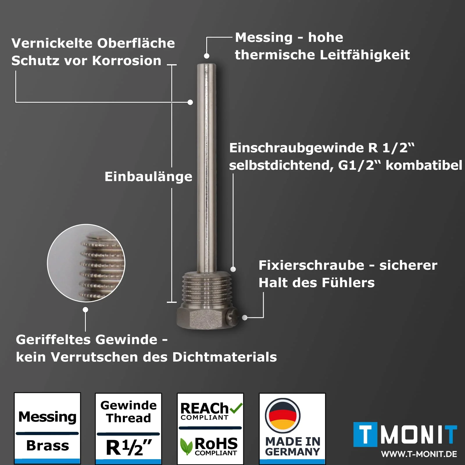 Tmonit - Immersion Sleeve Nickel-Plated Brass | 1/2 Inch | 100 mm Installation Length | for Temperature Sensor, Cable Sensor Heating - Image 2