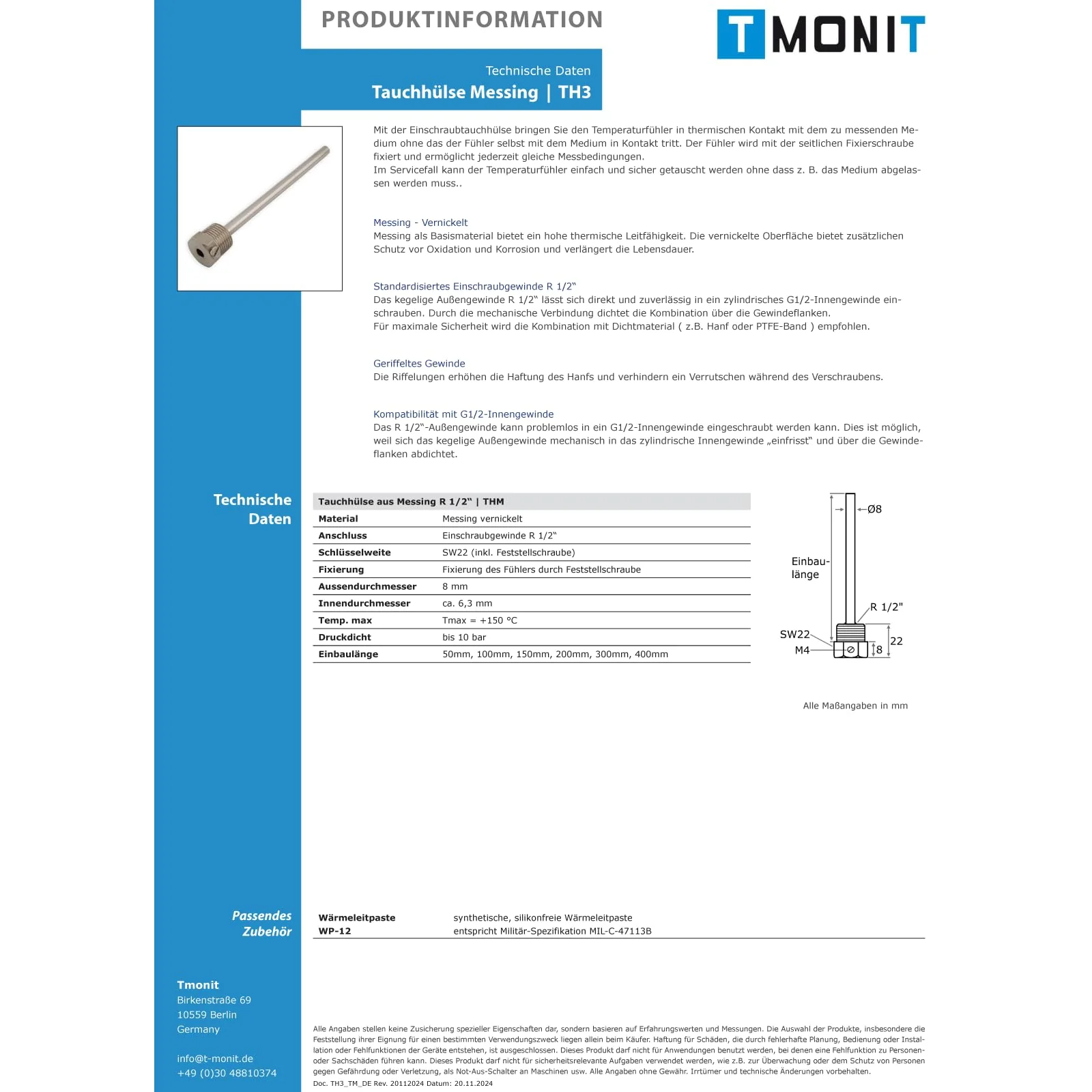 Tmonit - Immersion Sleeve Nickel-Plated Brass | 1/2 Inch | 100 mm Installation Length | for Temperature Sensor, Cable Sensor Heating - Image 4
