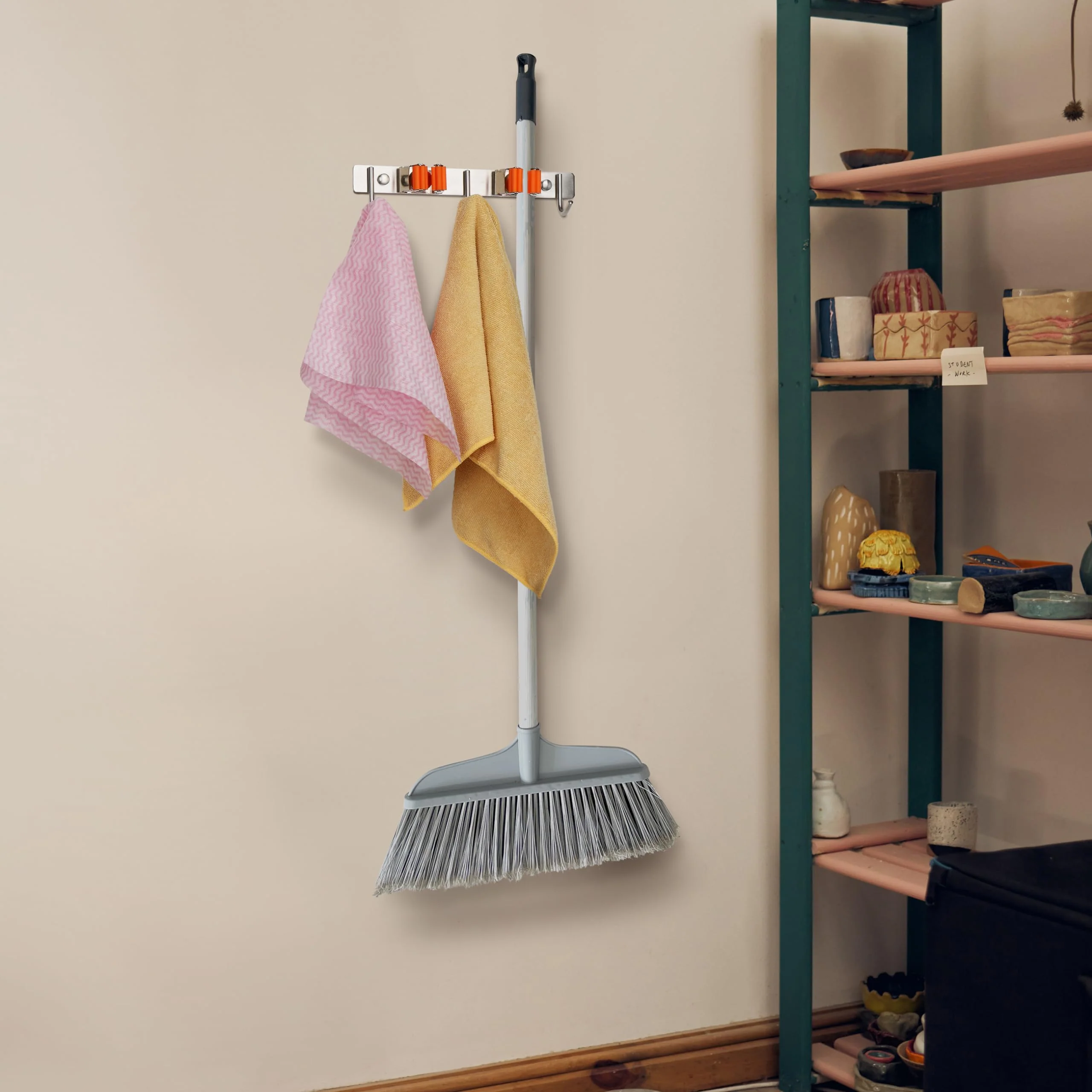 TMY Broom Holder Wall | Tool Holder 27 cm | Broom Holder 3 Hooks 2 Holders | Garden Tools Holder for Kitchen Bathroom | Wall Mount Broom Mop Tools Keys | Self-Adhesive for Screwing On 1-pack Orange - Image 3