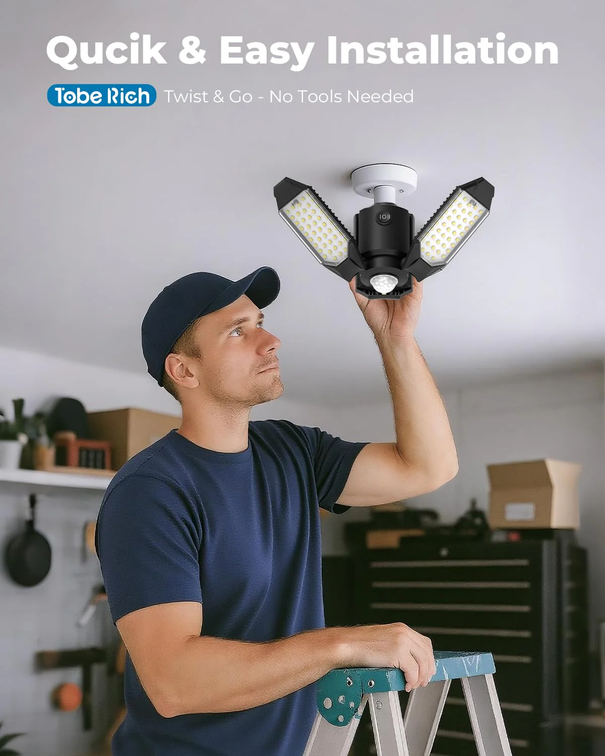 toberich Motion Sensor Garage Lights 2 Pack, 8000LM Motion Sensor Shop Light w/ 3 Switch Modes, 6500K Indoor Motion Activated Light Bulb for Garage, Workshop, Laundry Room, Basement - Image 6