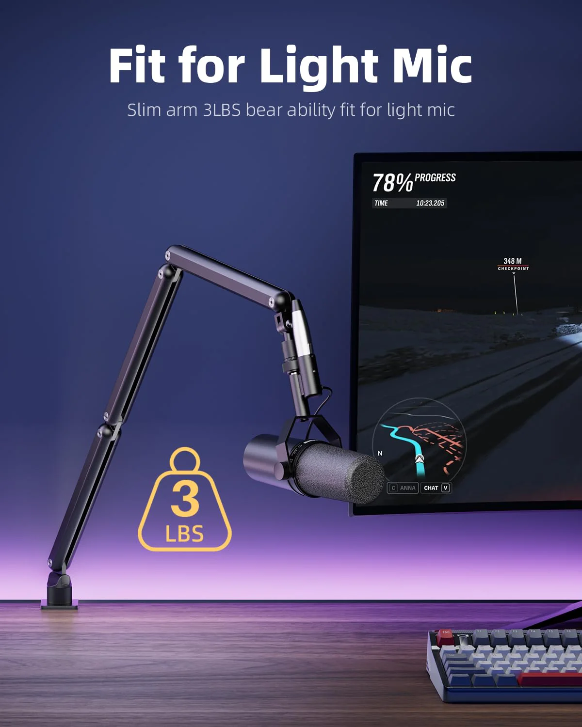 TODI Mic Arm for Lightweight Mics, Microphone Arm Rotatable, Storable Desk Mic Stand for Bear 3LB with Mount Clamp, Mic Stand Boom Arm with Cable Channel with 3/8'' 5/8'' Thread for Podcast, Gaming Black - Image 2