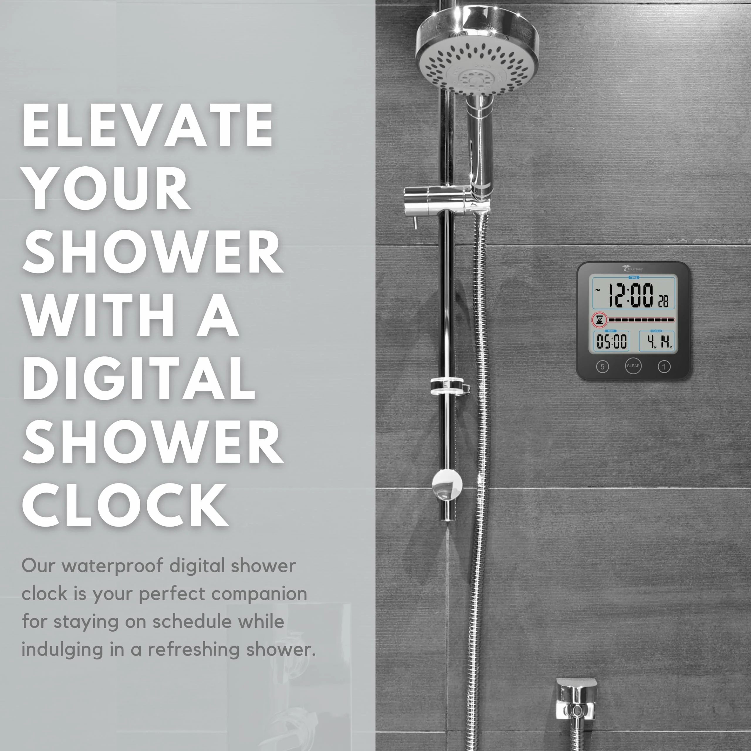 ToiletTree Products Digital Bathroom Shower Clock with Alarm & Large LCD Display – Waterproof, Humidity & Moisture Resistant – Clocks for Bath & Kitchen Black - Image 2