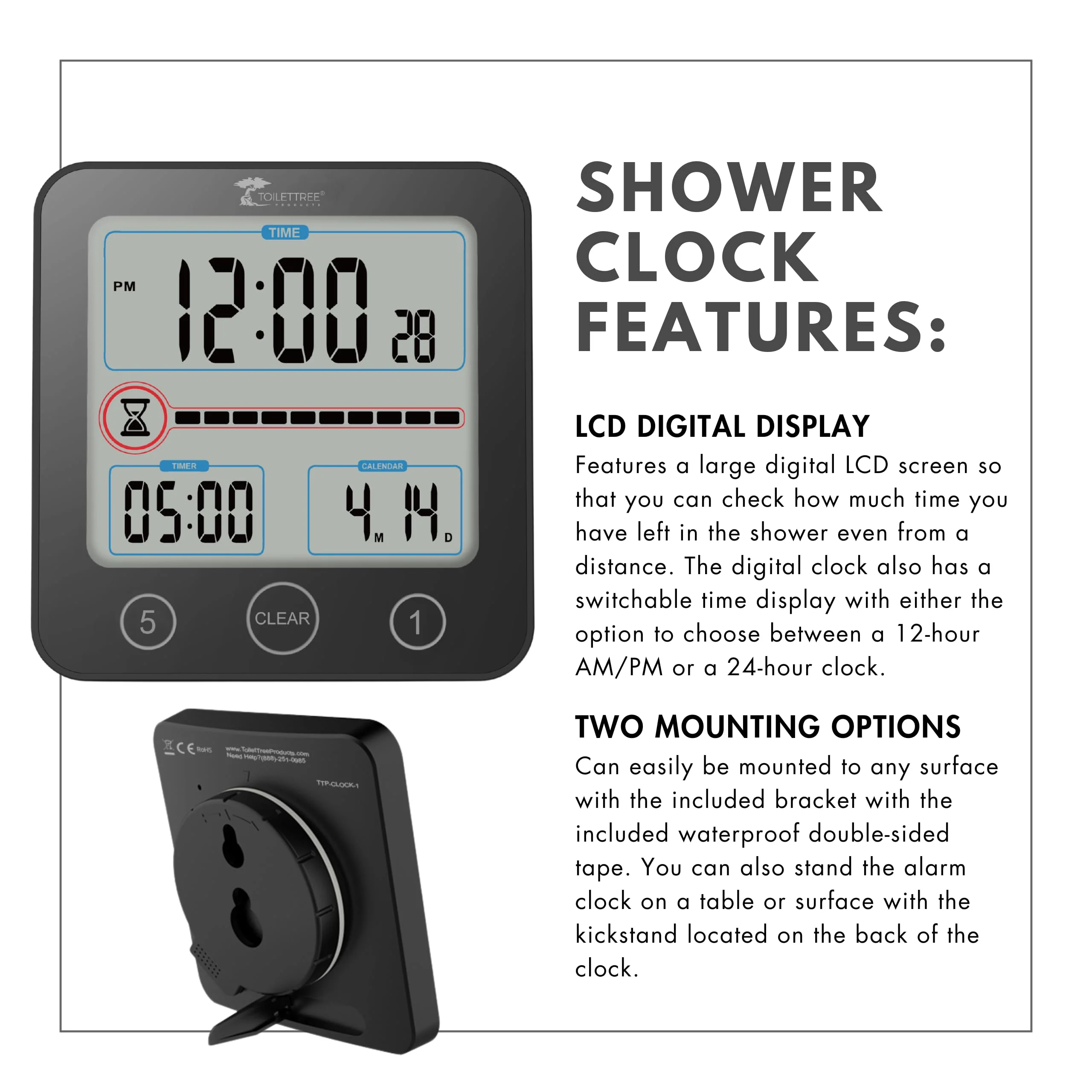 ToiletTree Products Digital Bathroom Shower Clock with Alarm & Large LCD Display – Waterproof, Humidity & Moisture Resistant – Clocks for Bath & Kitchen Black - Image 3