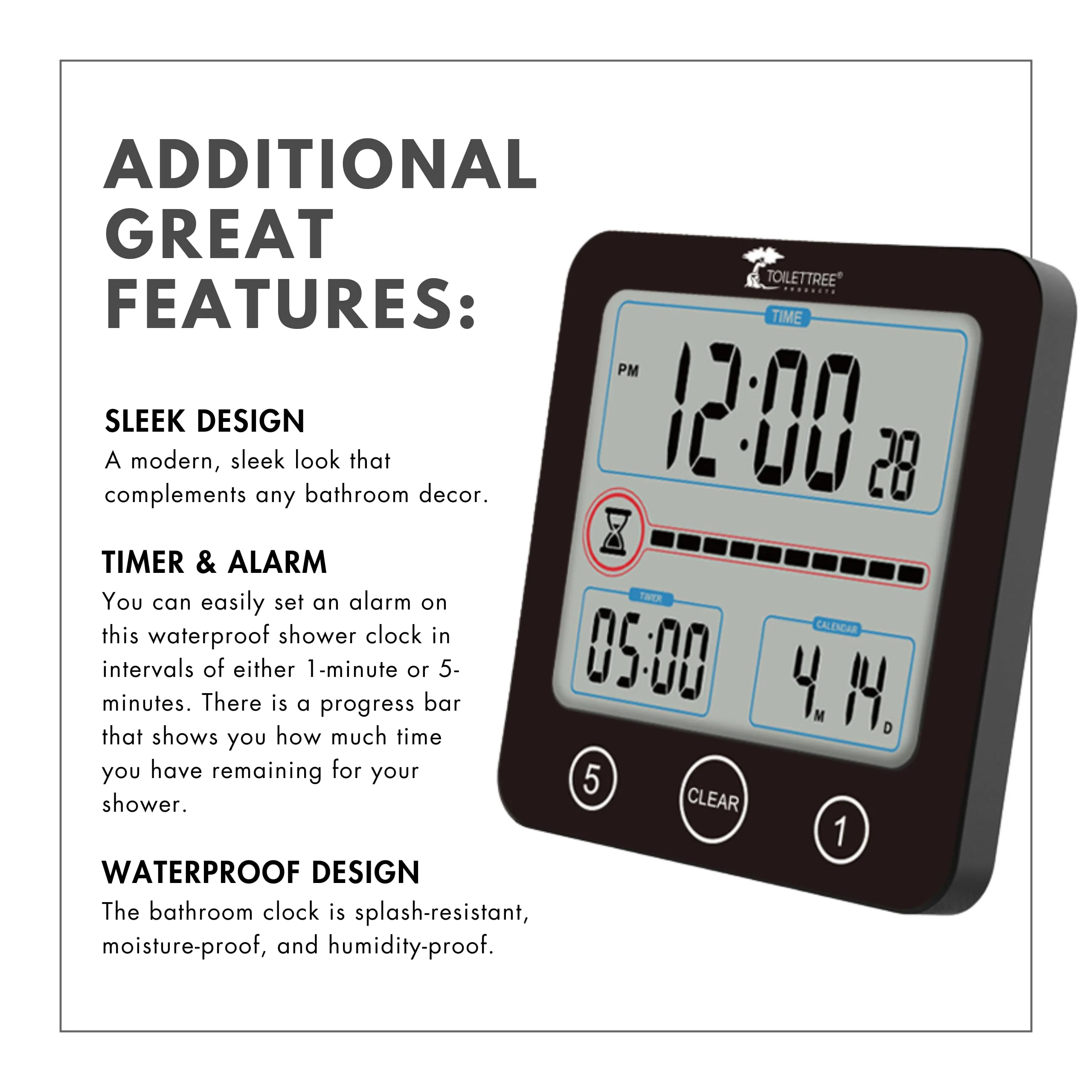 ToiletTree Products Digital Bathroom Shower Clock with Alarm & Large LCD Display – Waterproof, Humidity & Moisture Resistant – Clocks for Bath & Kitchen Black - Image 4