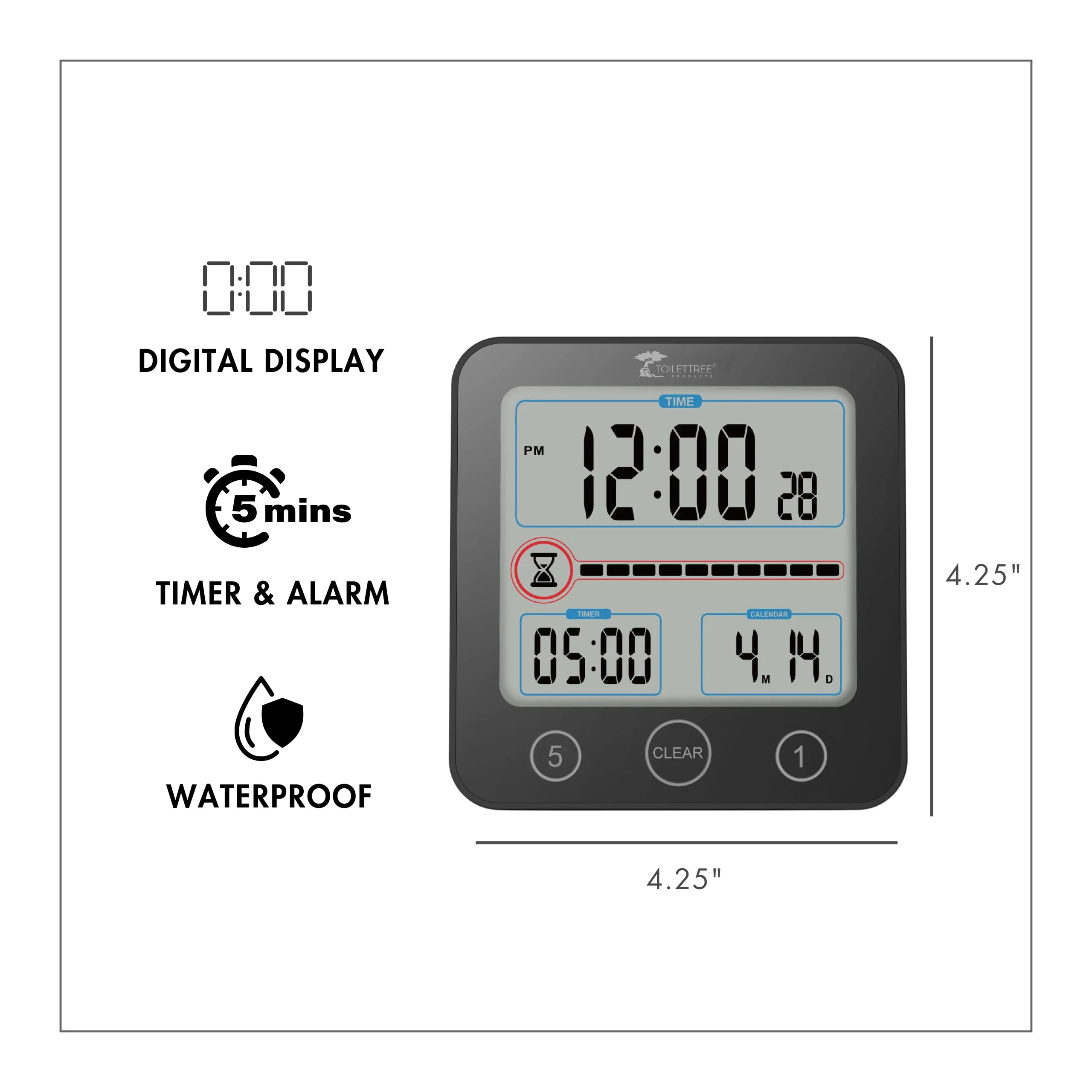 ToiletTree Products Digital Bathroom Shower Clock with Alarm & Large LCD Display – Waterproof, Humidity & Moisture Resistant – Clocks for Bath & Kitchen Black - Image 5