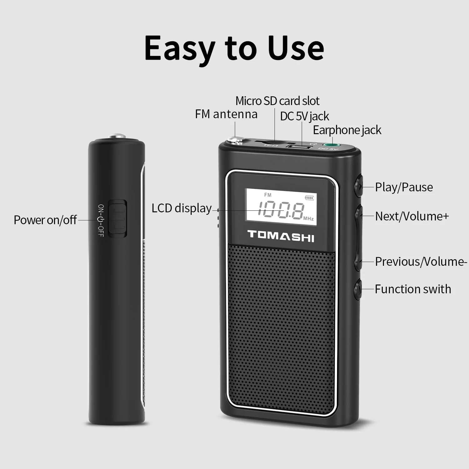 TOMASHI Tiny Portable FM Radio with USB Charging, Pocket Radio with Micro SD Playback and Built-in Rechargeable Lithium Battery – Compact and Lightweight - Image 6