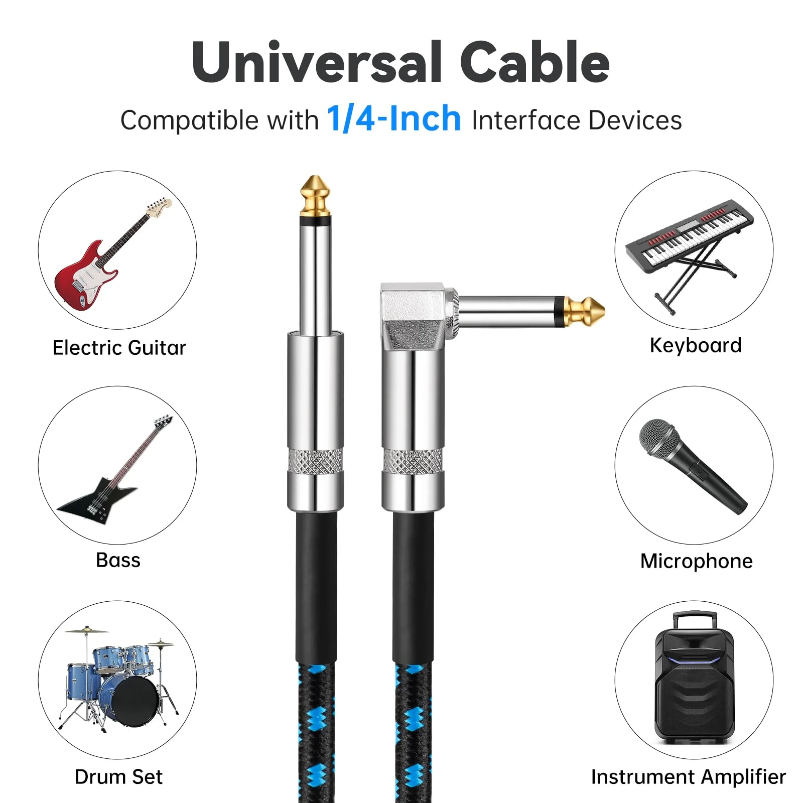 Tomorotec 3-Pack 10ft Braided Guitar Cables for Electric Guitar, Bass, Microphone, Speaker, Mixing Console, 1/4" Interface Instrument Cables with Durable Copper & PE Build and Tangle-Free Tweed Jacket - Image 2