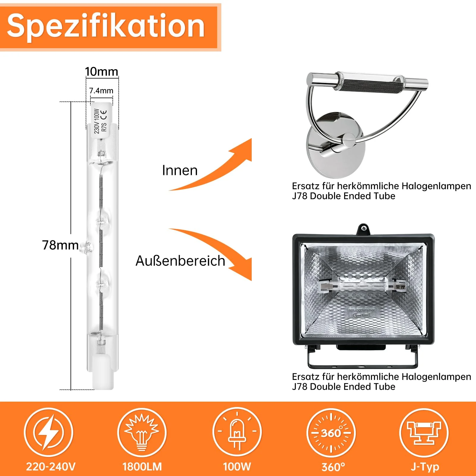 Tomosu R7s Halogen Rod 78 mm 100 W Dimmable Halogen Light Bulbs R7s Warm White 2800K 1800LM 230V J78 Halogen Floodlight for Work Lights, Landscape Lights, Floor Lamps Pack of 6 78mm 100W - Image 2