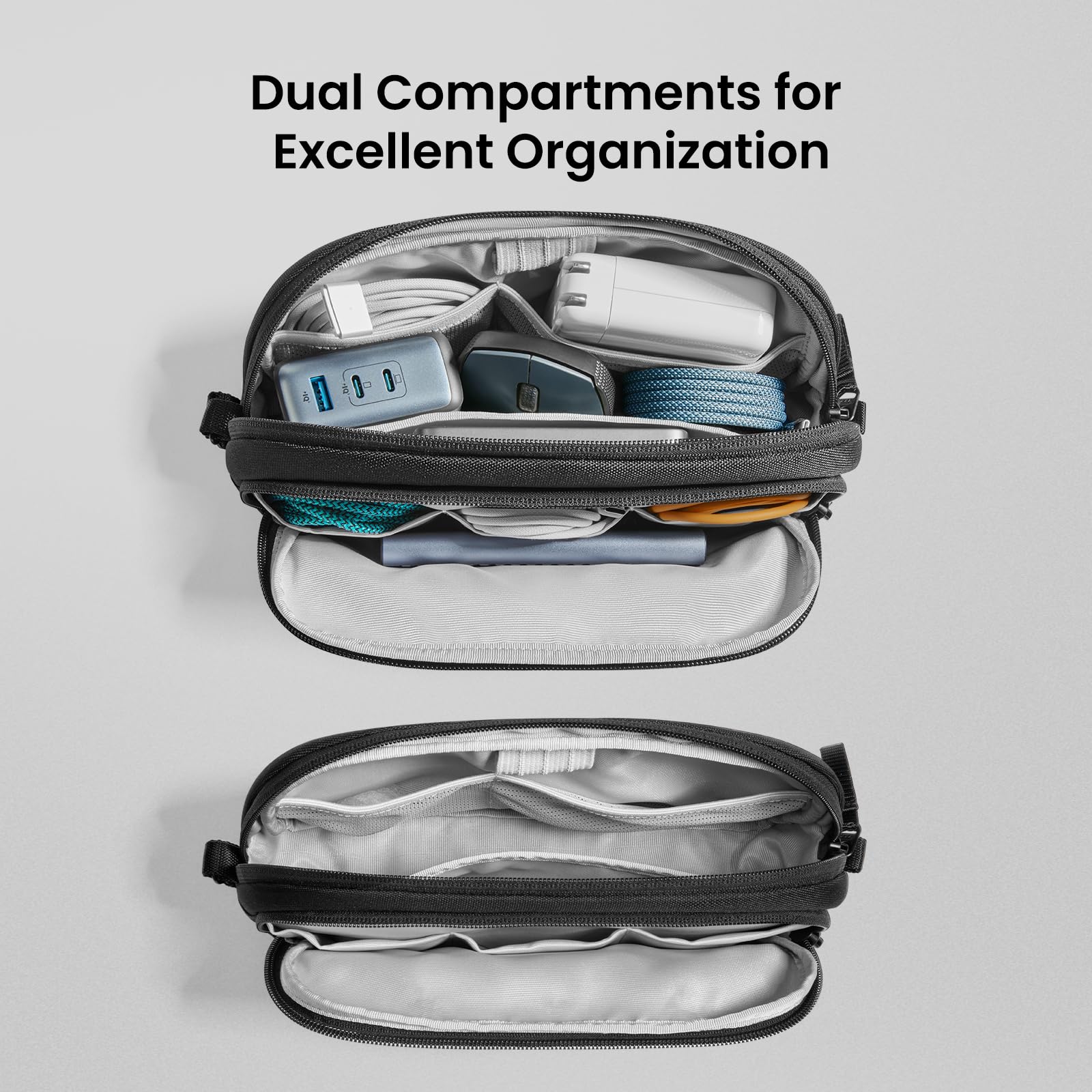 tomtoc Electronic Organizer Travel Case, Water Resistant Dual Compartment Tech Pouch Cable Organization Storage Bag for Charger, Cord, Phone, Hard Drive, Power Bank, Accessories Travel Essentials Black M - Image 2