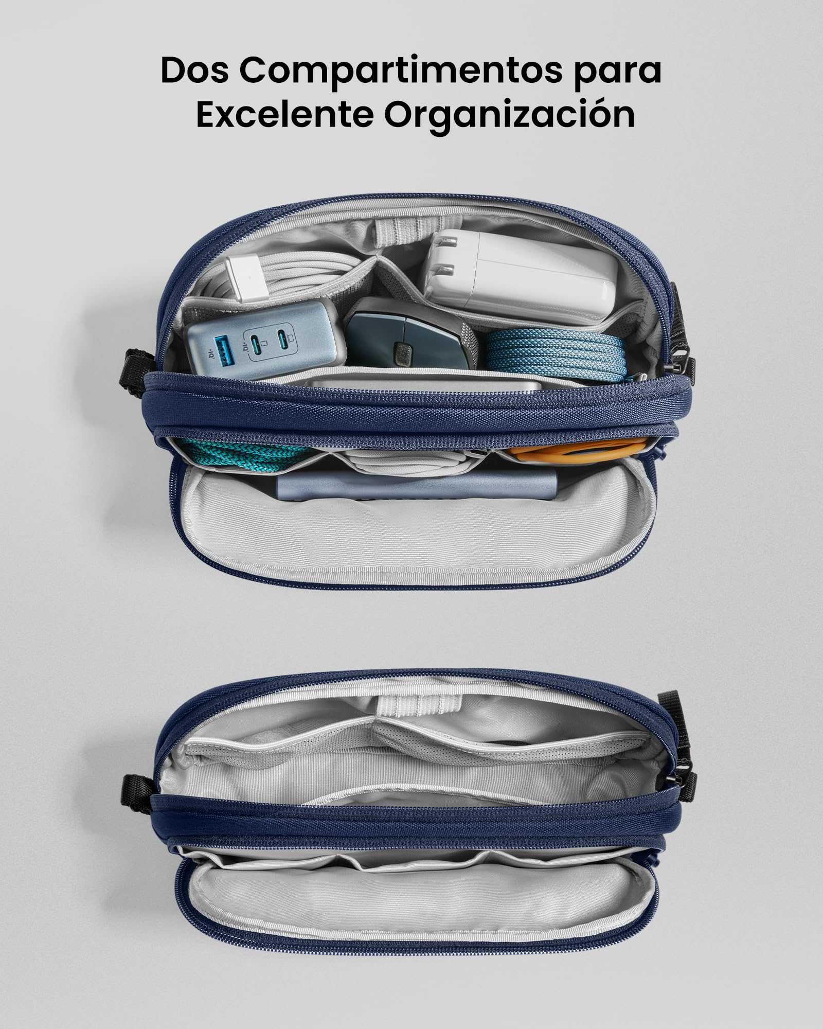 tomtoc Electronic Organizer Travel Case, Water Resistant Dual Compartment Tech Pouch Cable Organization Storage Bag for Charger, Cord, Phone, Hard Drive, Power Bank, Accessories Travel Essentials Navy Blue M - Image 2