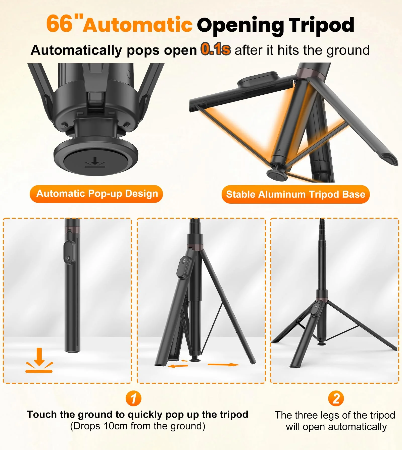 TONEOF 66" Automatic Tripod,Auto-Open Phone Tripod Stand with Magnetic Rechargable Remote,Selfie Stick Tripod 360° Vertical & Horizontal Rotatable,Stable Travel Tripod for iPhone/Android(Black) 66in Black - Image 2