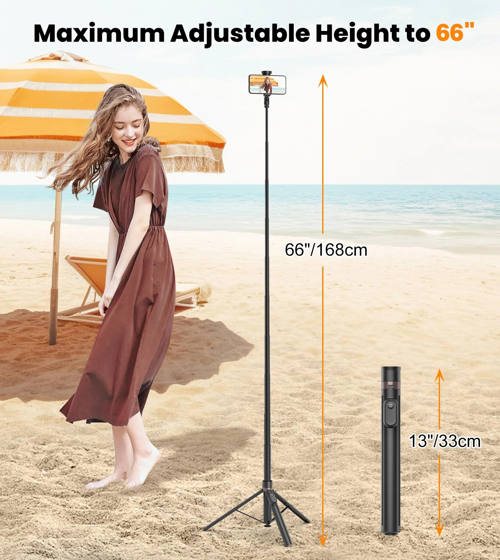 TONEOF 66" Automatic Tripod,Auto-Open Phone Tripod Stand with Magnetic Rechargable Remote,Selfie Stick Tripod 360° Vertical & Horizontal Rotatable,Stable Travel Tripod for iPhone/Android(Black) 66in Black - Image 3