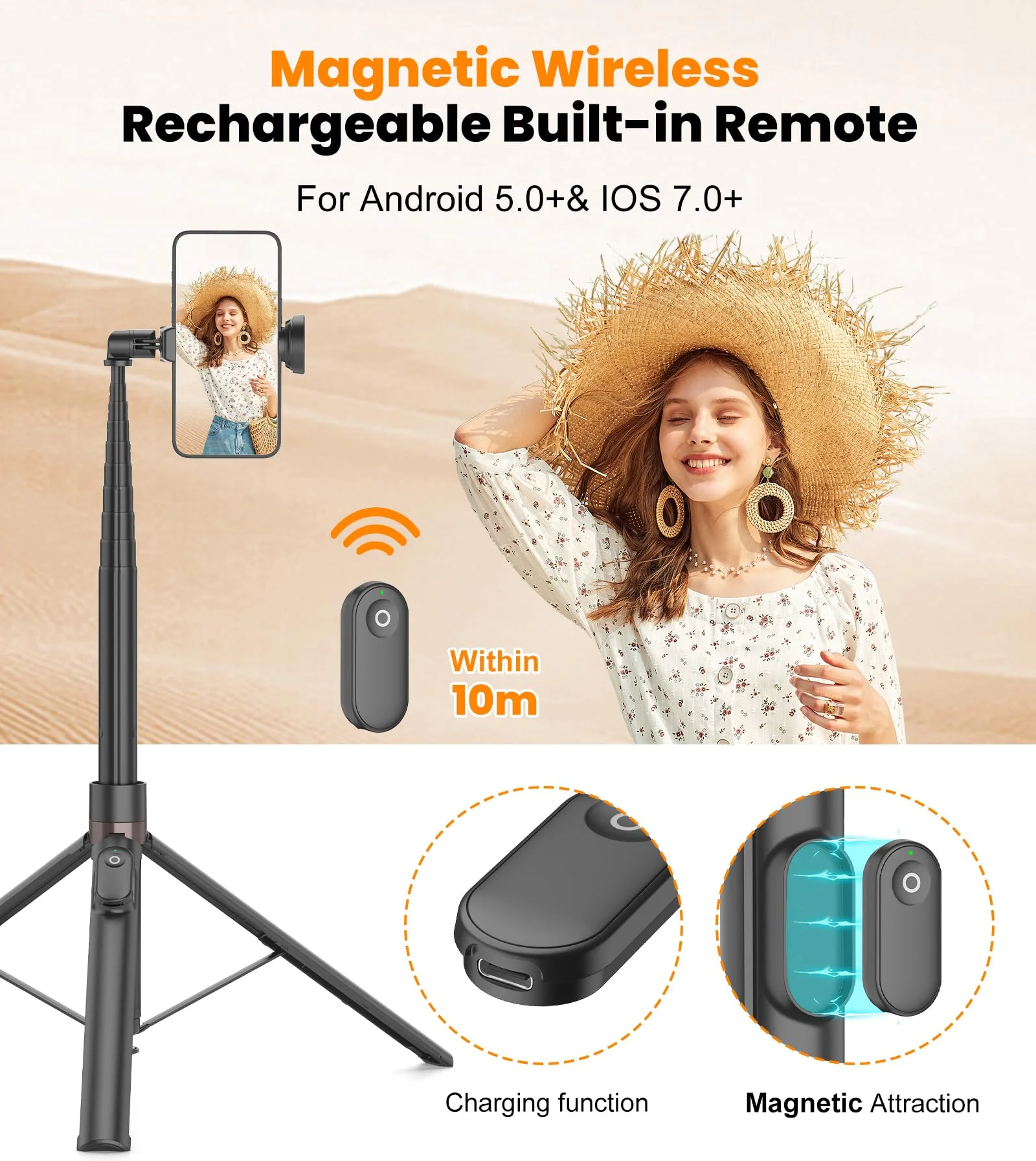 TONEOF 66" Automatic Tripod,Auto-Open Phone Tripod Stand with Magnetic Rechargable Remote,Selfie Stick Tripod 360° Vertical & Horizontal Rotatable,Stable Travel Tripod for iPhone/Android(Black) 66in Black - Image 5