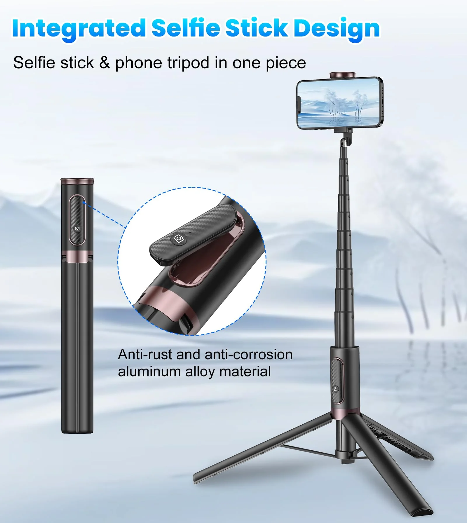 TONEOF 67" Cell Phone Selfie Stick Tripod,Smartphone Tripod Stand All-in-1 with Integrated Wireless Remote,Portable,Lightweight,Extendable Phone Tripod for iPhone/Android(Black) 67“ Black - Image 2