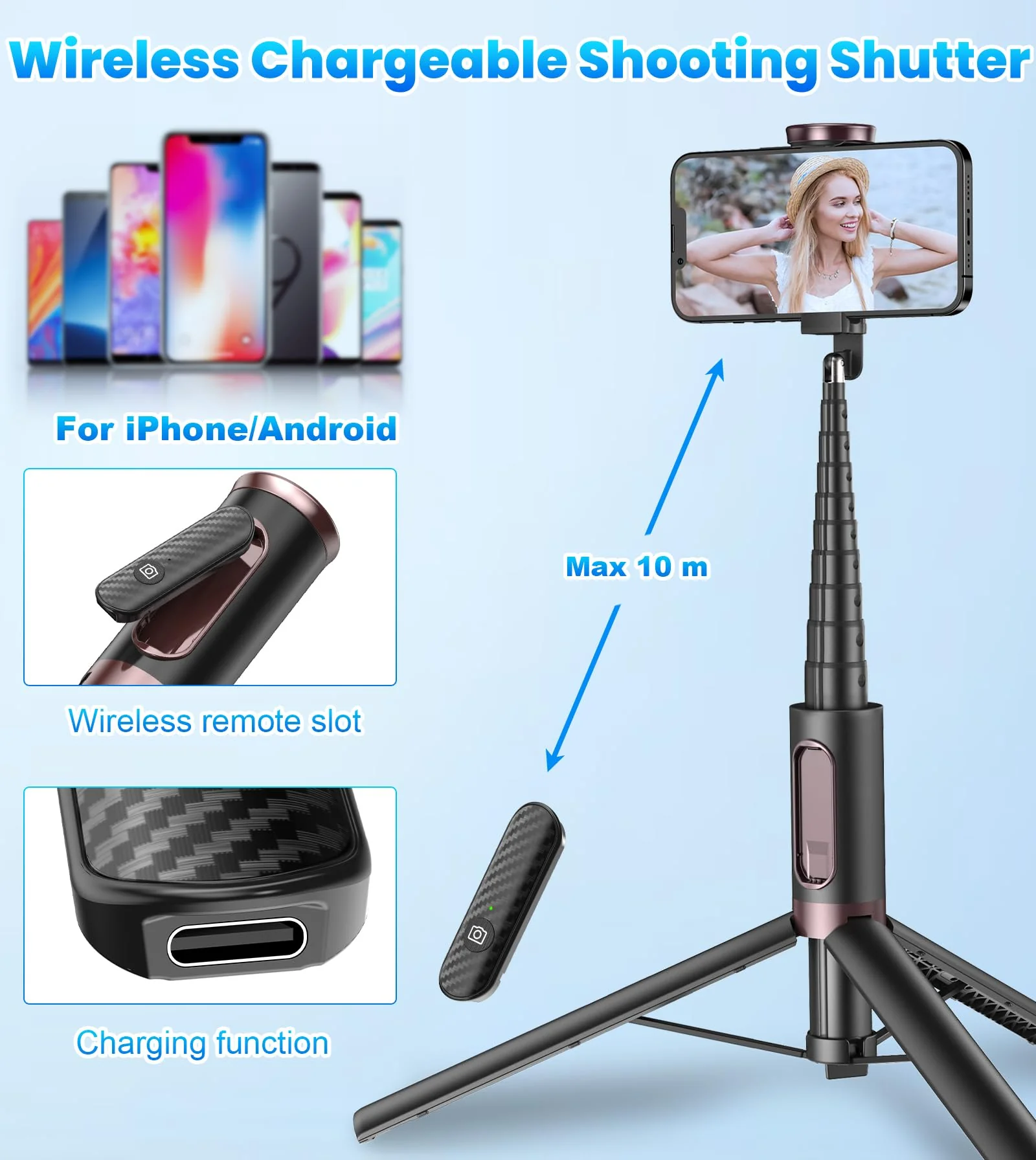 TONEOF 67" Cell Phone Selfie Stick Tripod,Smartphone Tripod Stand All-in-1 with Integrated Wireless Remote,Portable,Lightweight,Extendable Phone Tripod for iPhone/Android(Black) 67“ Black - Image 5