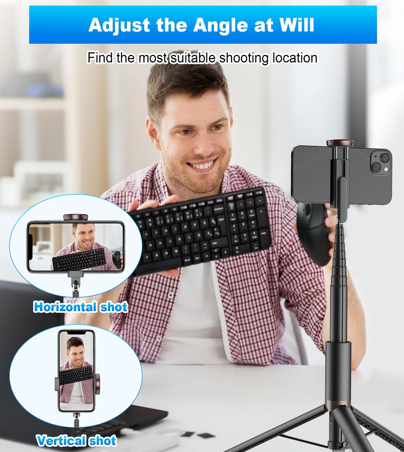 TONEOF 67" Cell Phone Selfie Stick Tripod,Smartphone Tripod Stand All-in-1 with Integrated Wireless Remote,Portable,Lightweight,Extendable Phone Tripod for iPhone/Android(Black) 67“ Black - Image 6