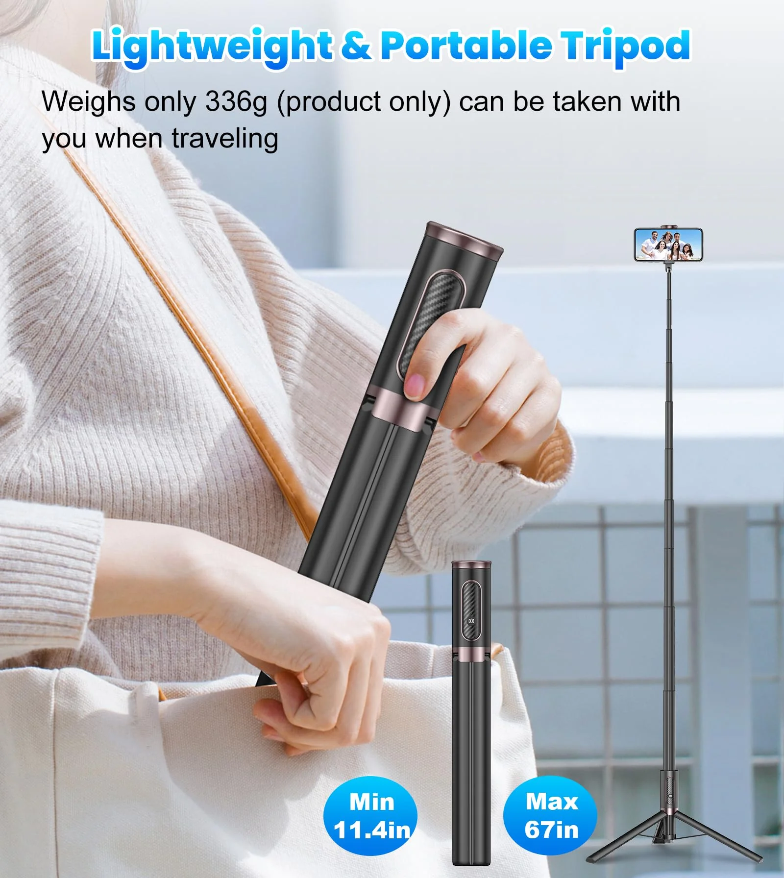 TONEOF 67" Cell Phone Selfie Stick Tripod,Smartphone Tripod Stand All-in-1 with Integrated Wireless Remote,Portable,Lightweight,Extendable Phone Tripod for iPhone/Android(Black) 67“ Black - Image 7