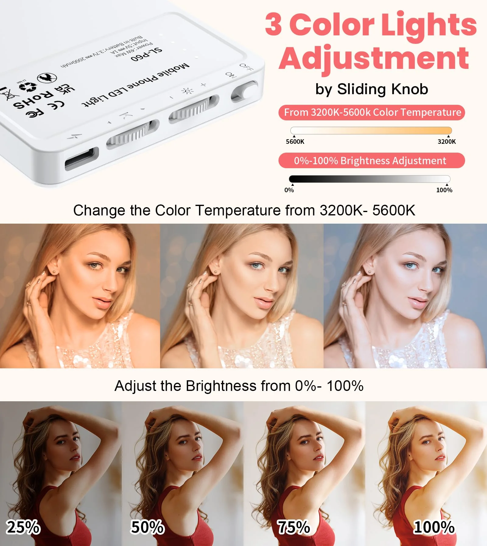 TONEOF 80 LED Portable Selfie Light,Rechargeable Phone Light with Clip,3 Light Modes 2000mAh Video Fill Light,Lighting for Video Recording, Makeup,Live Streaming,Vlog,Tablet/Laptop/Webcam White - Image 2